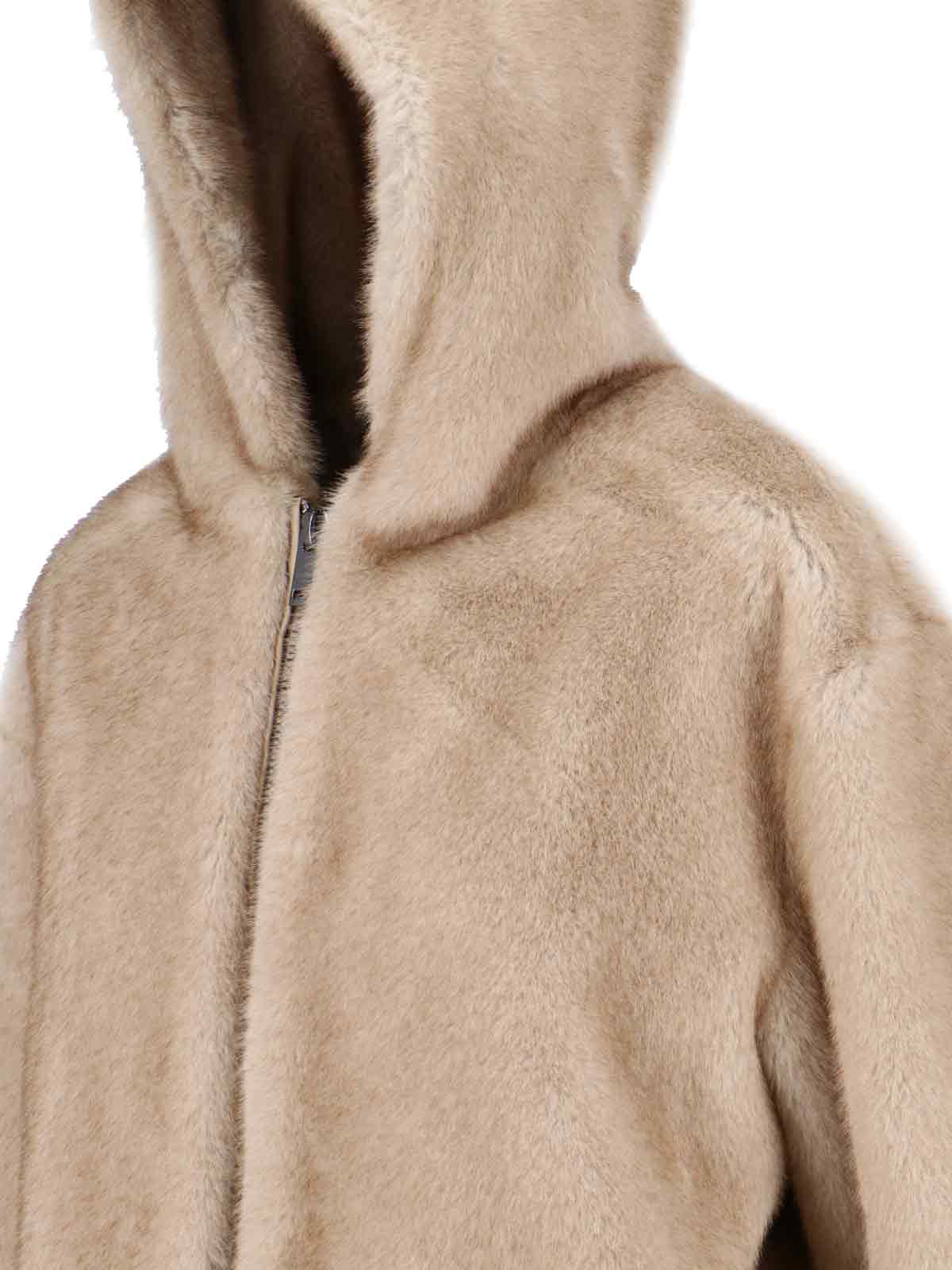 P.a.r.o.s.h Faux Fur Hooded Jacket With Wide Sleeves And Cropped Silhouette In Neutral