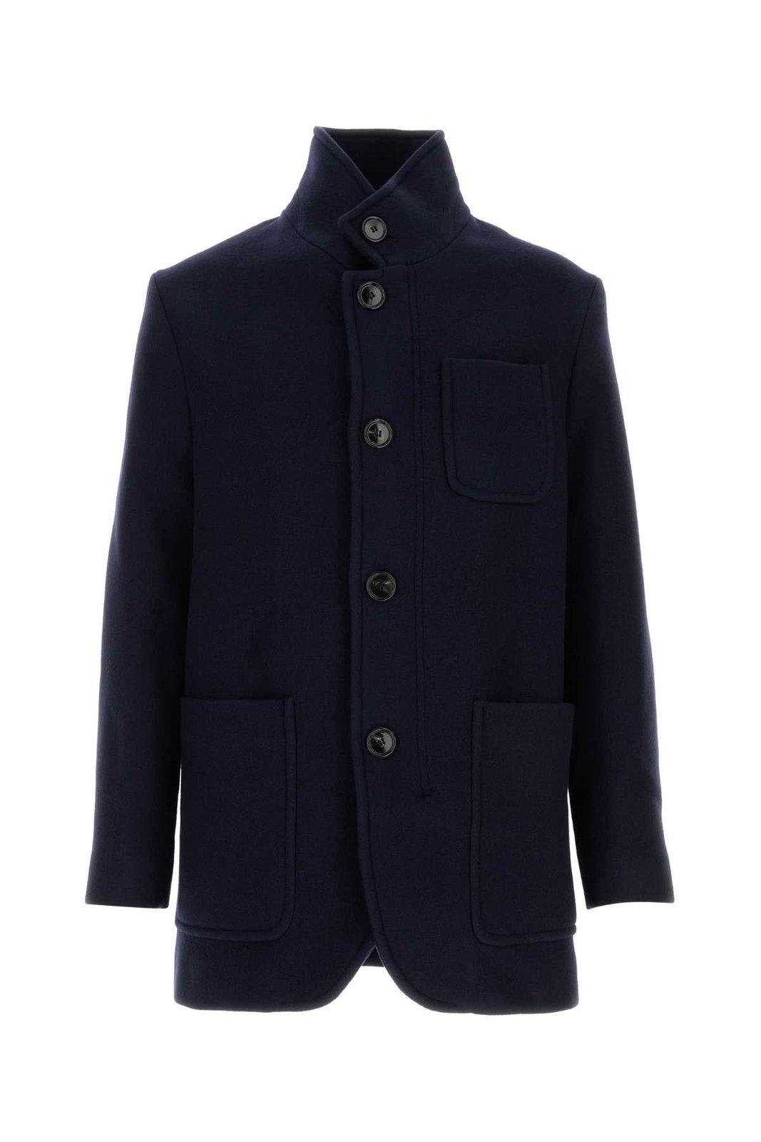 Shop Ami Alexandre Mattiussi High Neck Single Breasted Coat In 4011 Navy Blue