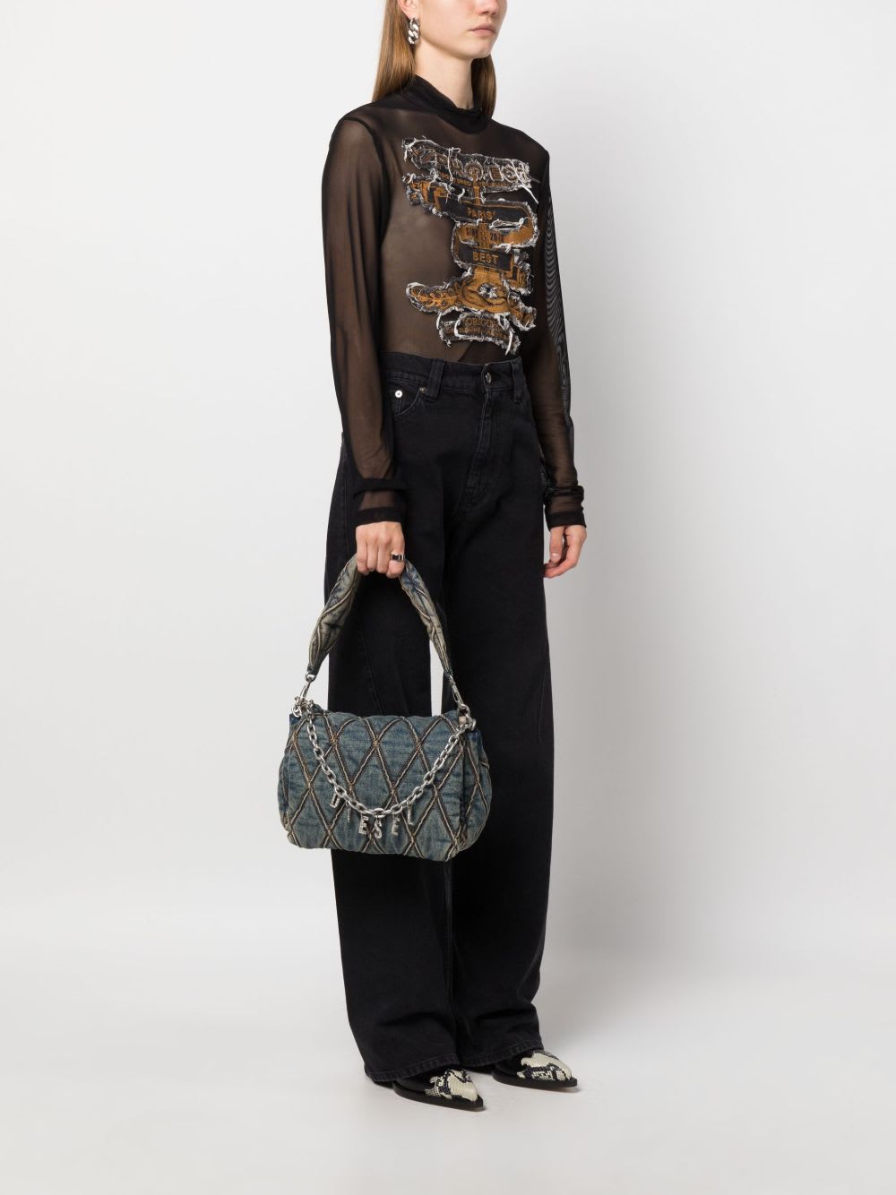 Diesel Charm Medium Denim Shoulder Bag In Blue