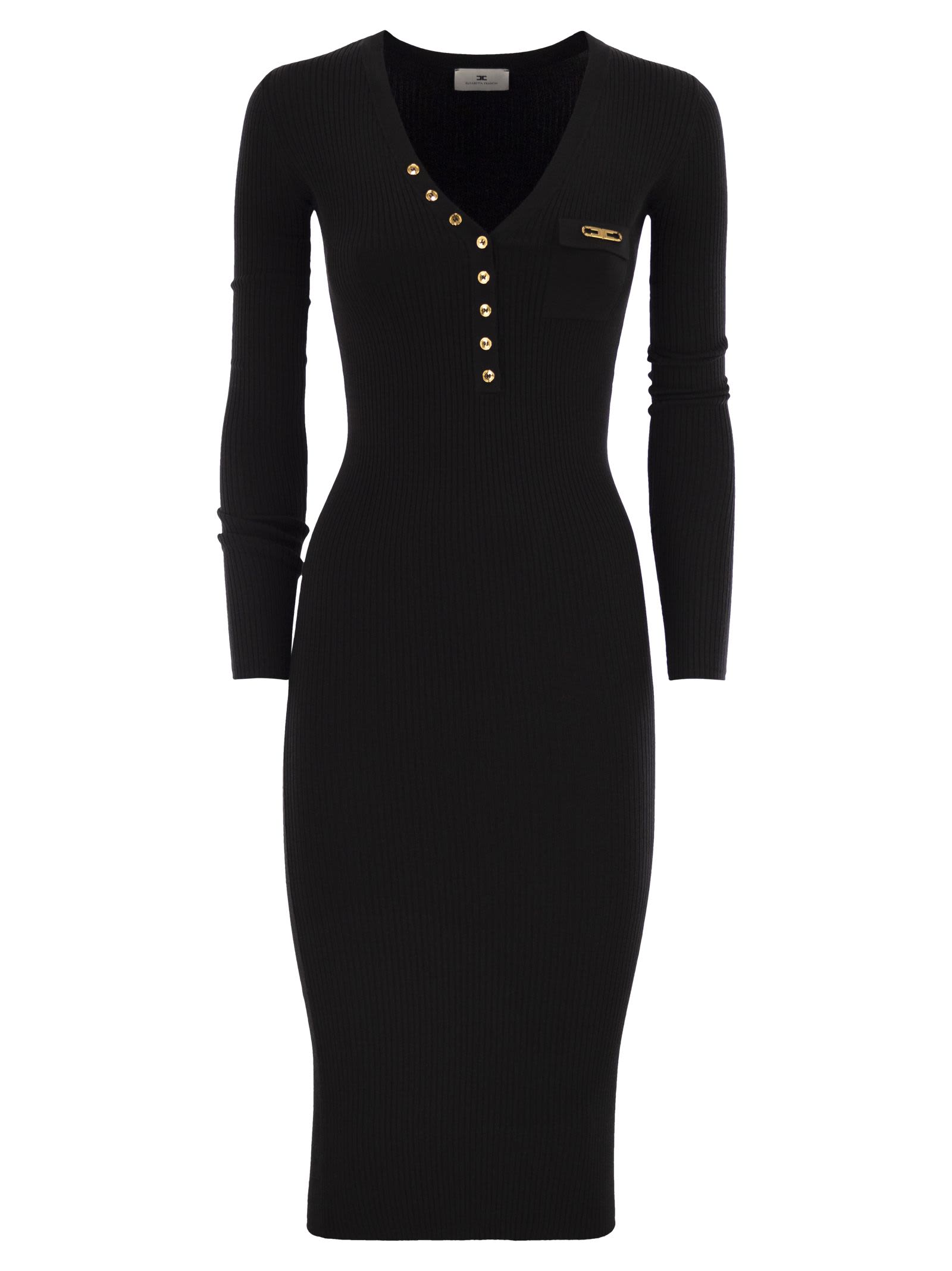 Elisabetta Franchi Ribbed Button-fastening Midi Dress In Black