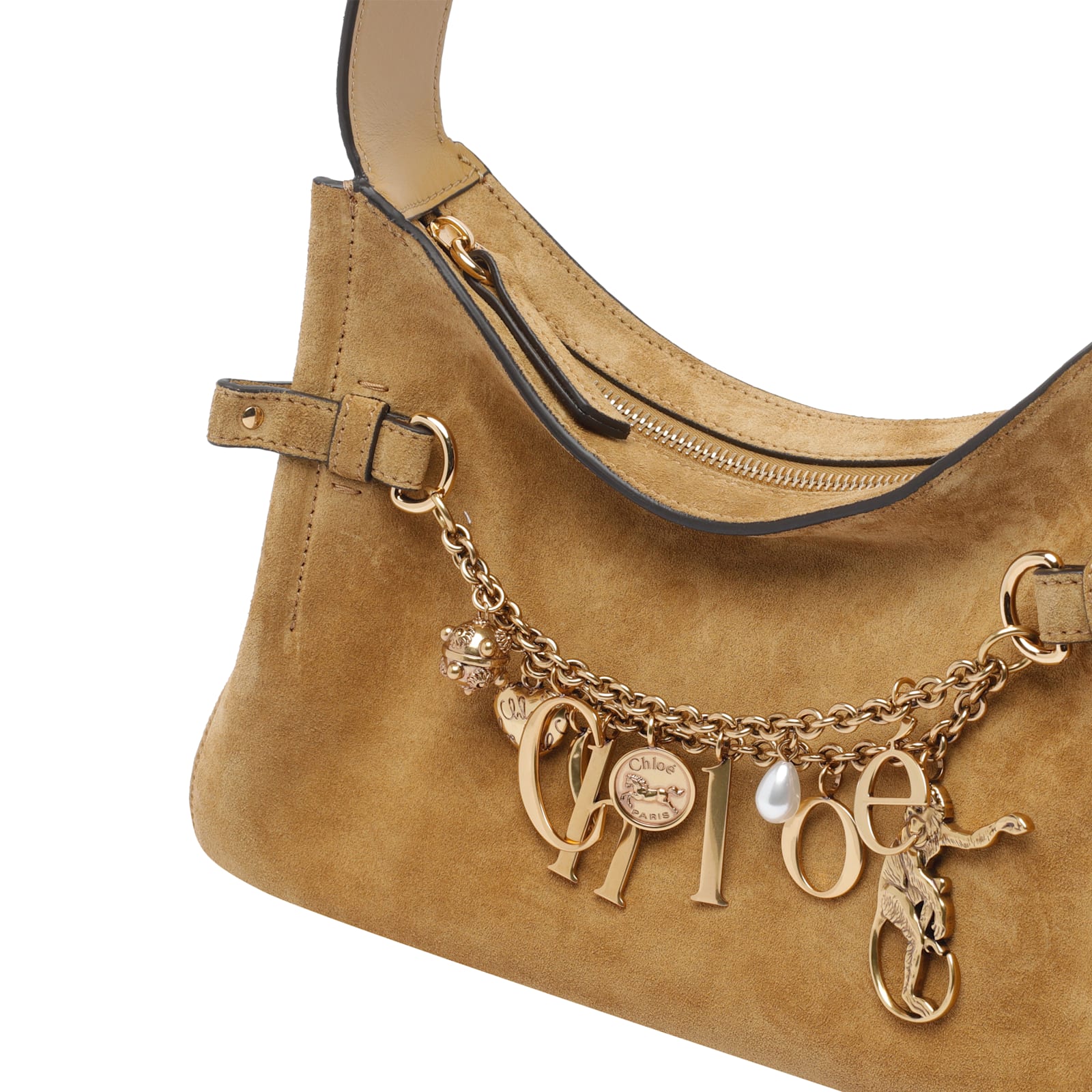 Chloé Womens Gold Khaki Charms Suede Hobo Bag In Brown