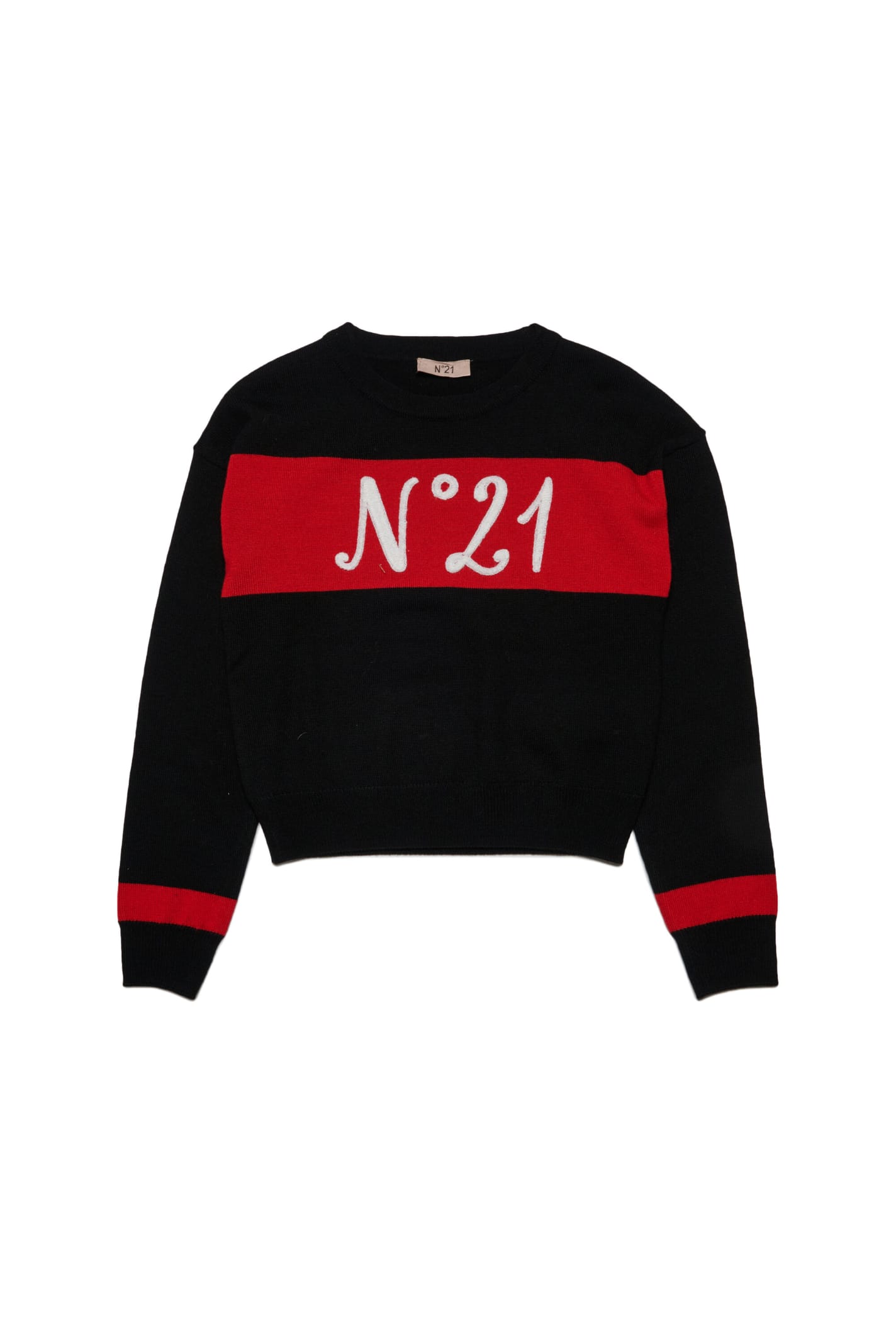 N°21 N21K80F KNITWEAR N°21 WOOL-BLEND KNIT SWEATER WITH COLORBLOCK DETAILS AND LOGO