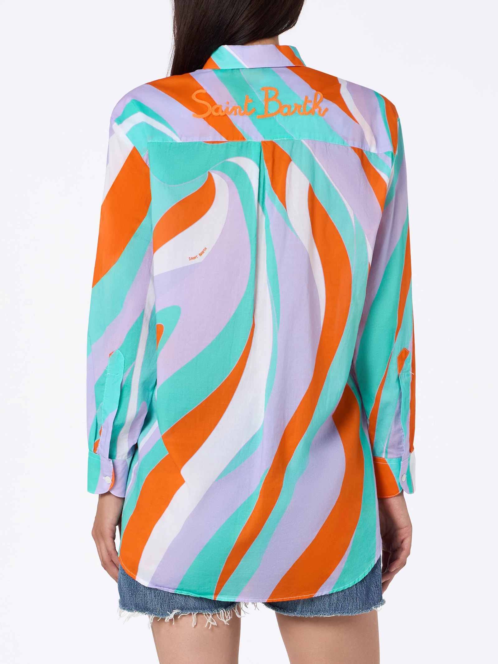 Mc2 Saint Barth Woman Cotton Shirt Brigitte With Shape Wave Print In Green