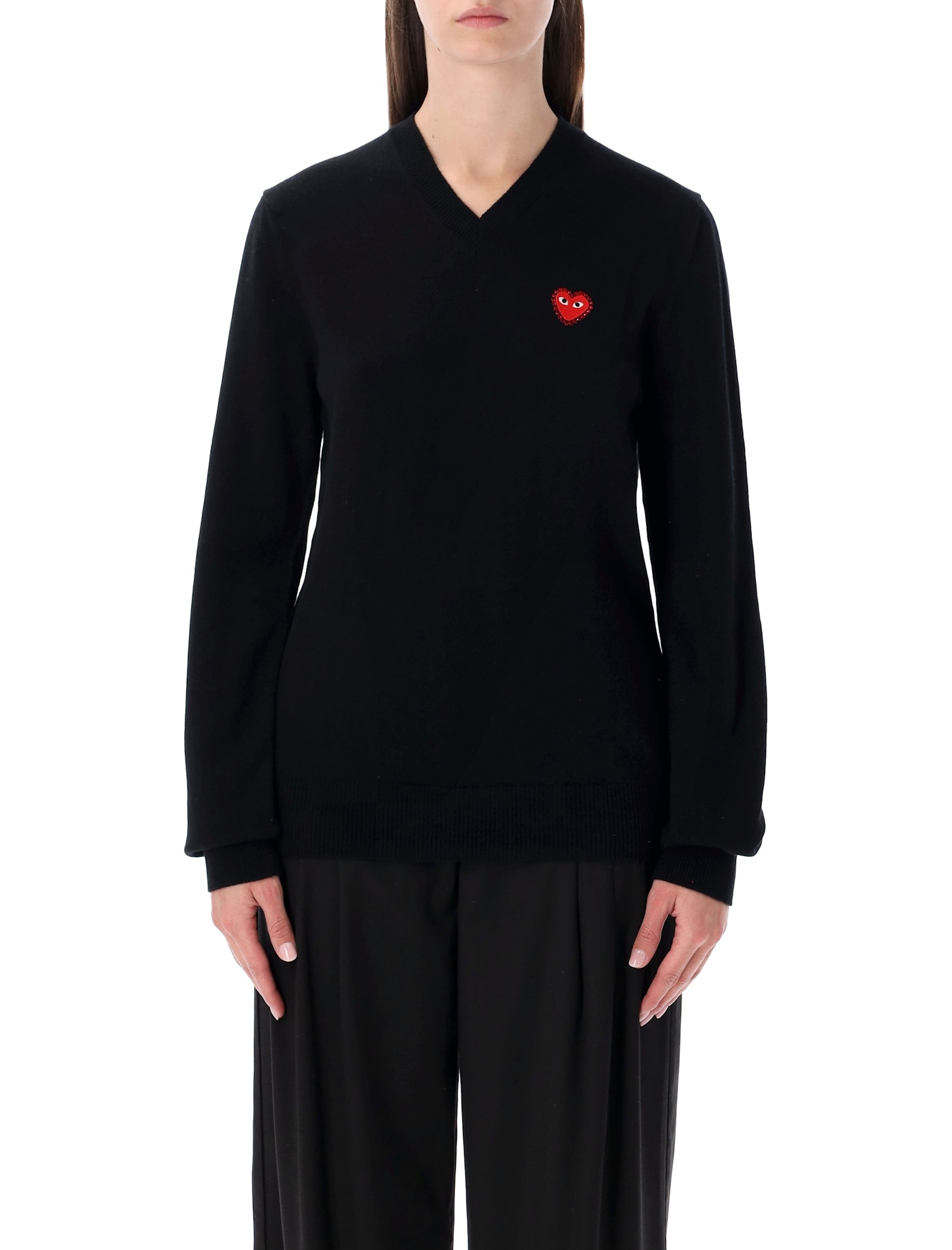 Comme Des Garçons Play Wool V-neck Sweater With Red Heart And Crystals In Black