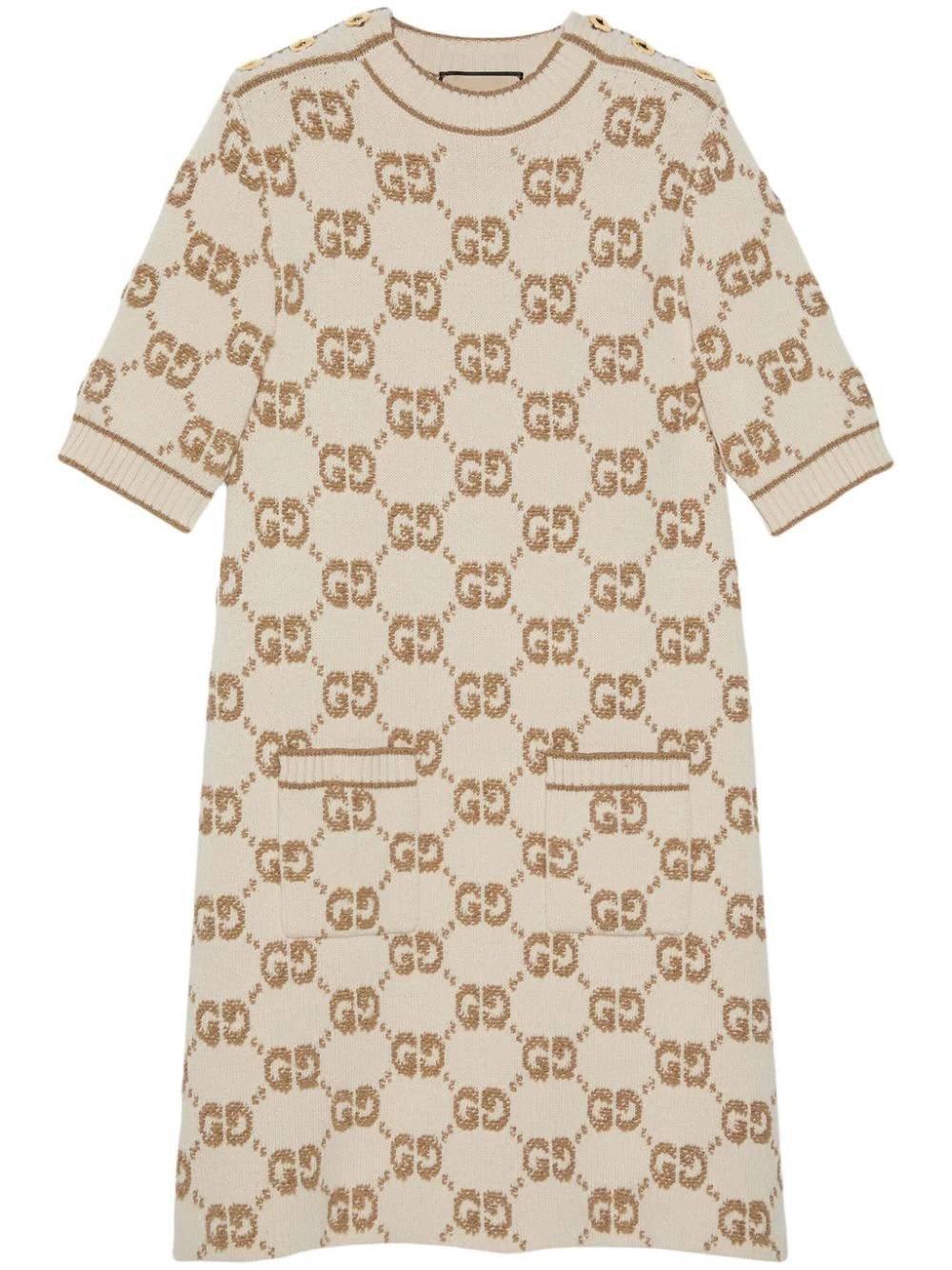 Shop Gucci Monogrammed Logo Intarsia Short-sleeve Dress In Beige