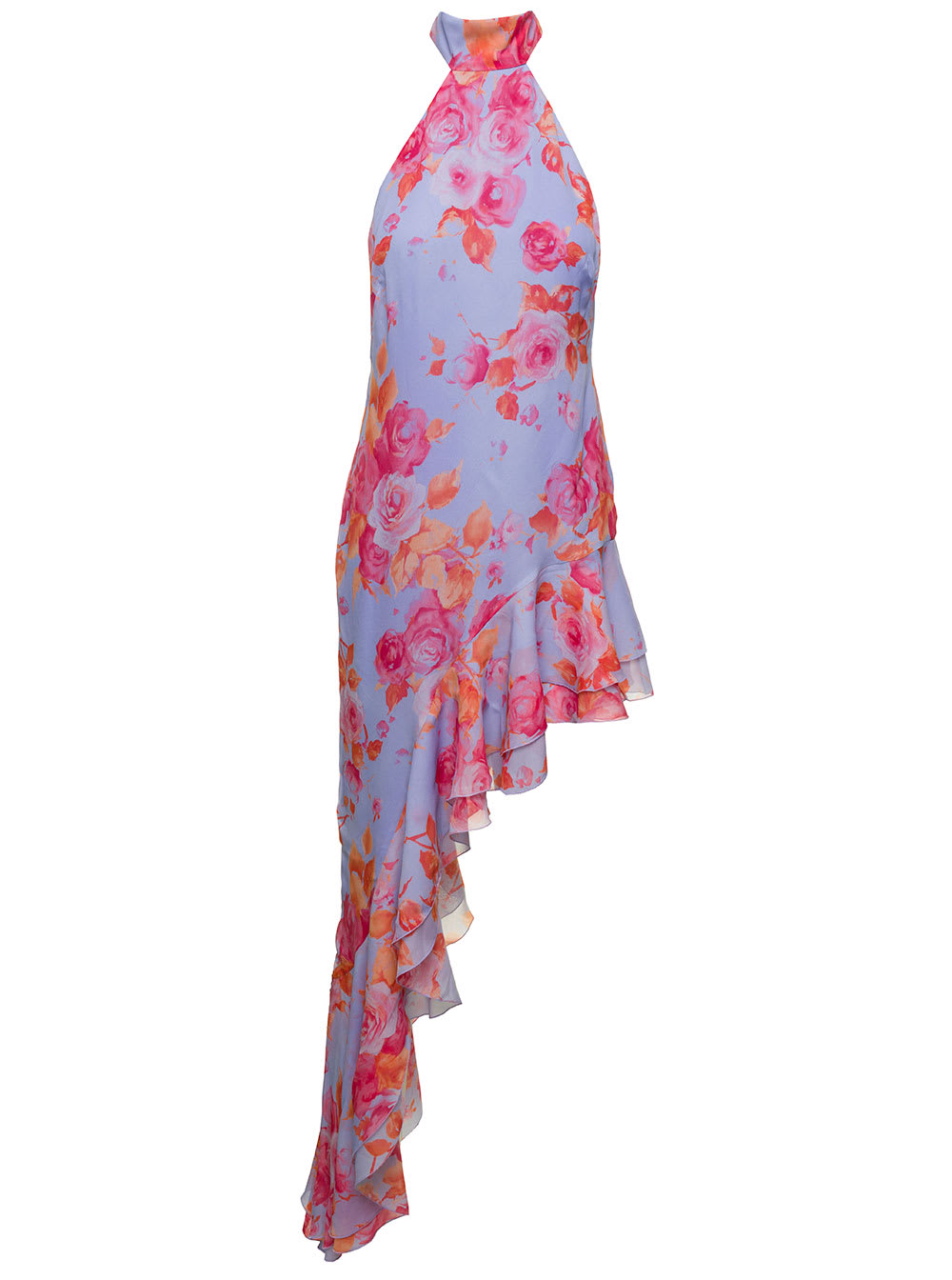 Asymmetric Halerneck Dress With Floral Print In Multicolored Viscose Woman
