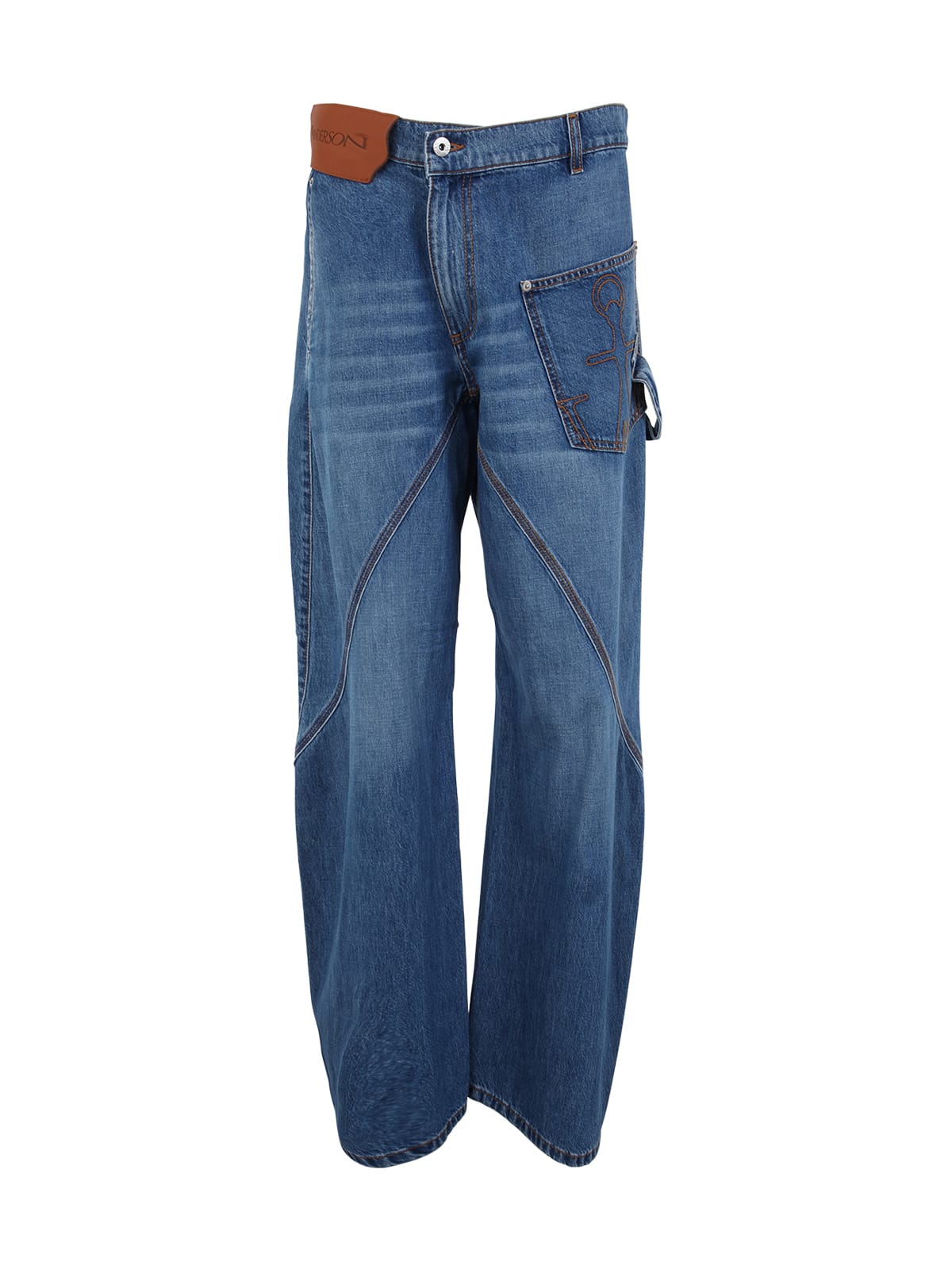 Jw Anderson Twisted Paneled Embroidered High-rise Jeans In Light Blue Denim