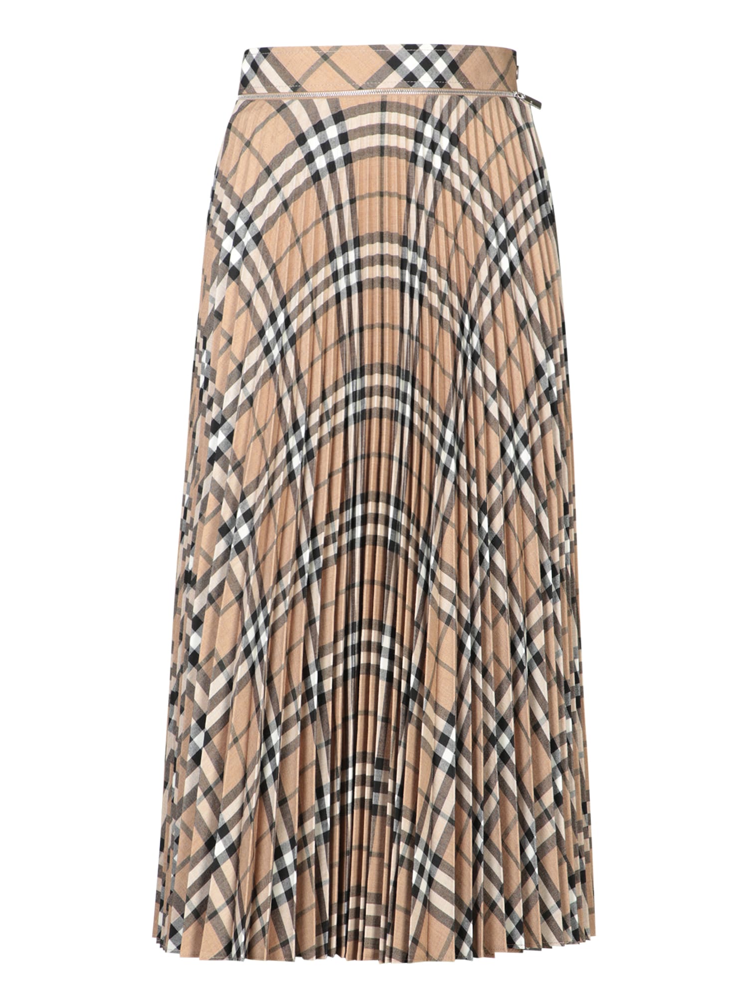 Shop Burberry Beige Checked Pleated Midi Skirt