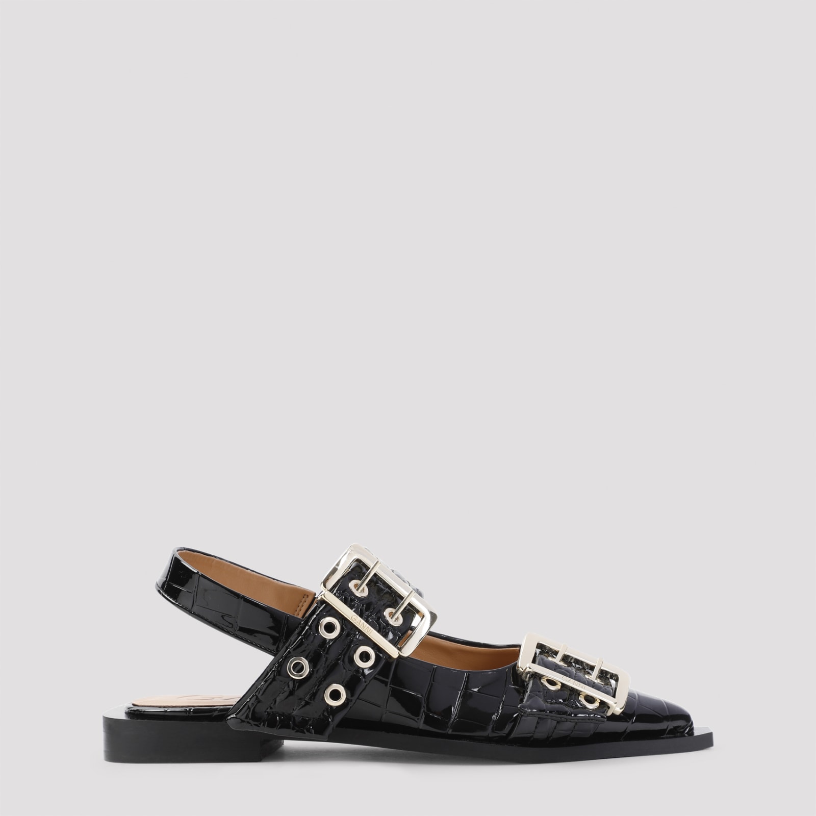 Shop Ganni Feminine Buckle Naplack Croco Ballerina In Black