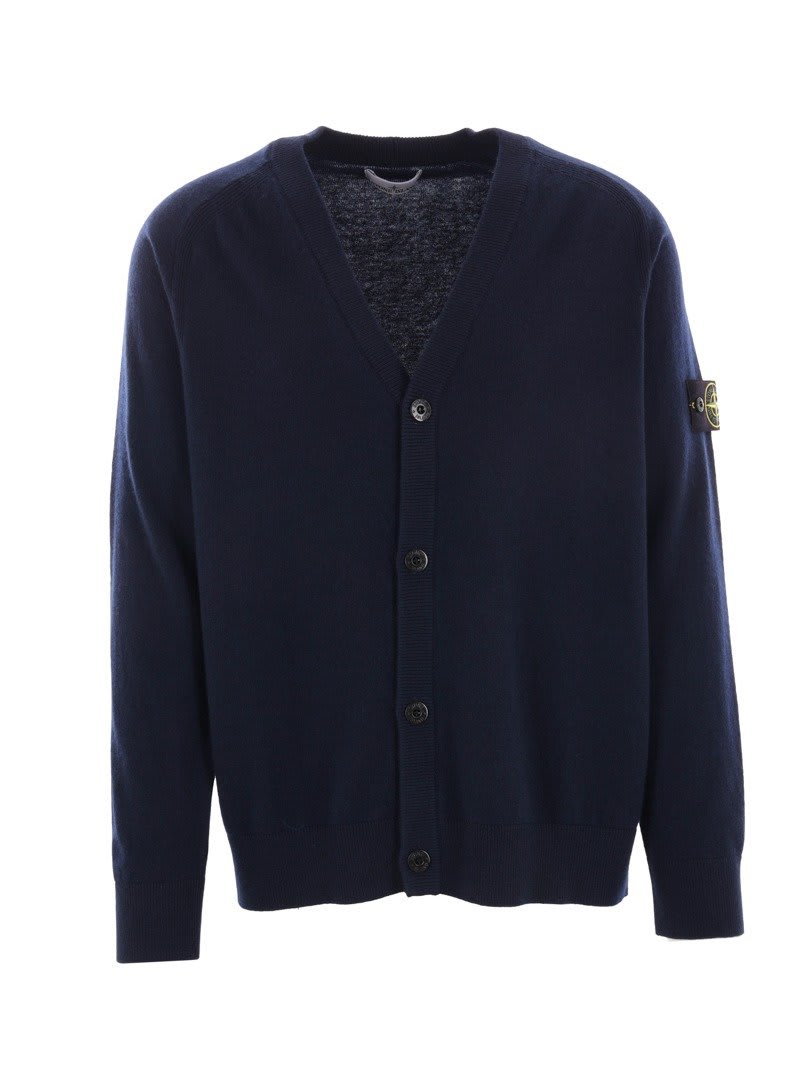 Shop Stone Island Compass Patch V-neck Knitted Cardigan In Bleu