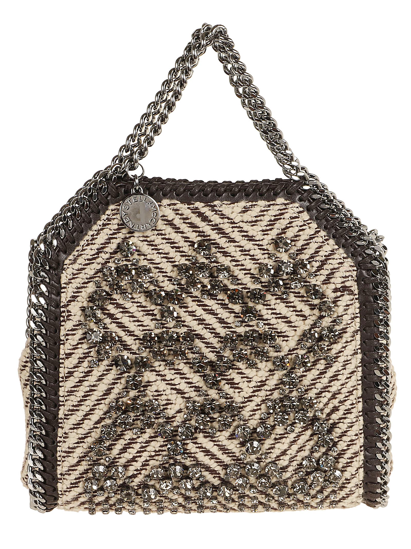 Shop Stella Mccartney Tiny Tote Embroidered Jacquard W/crystals In Chocolate Cream