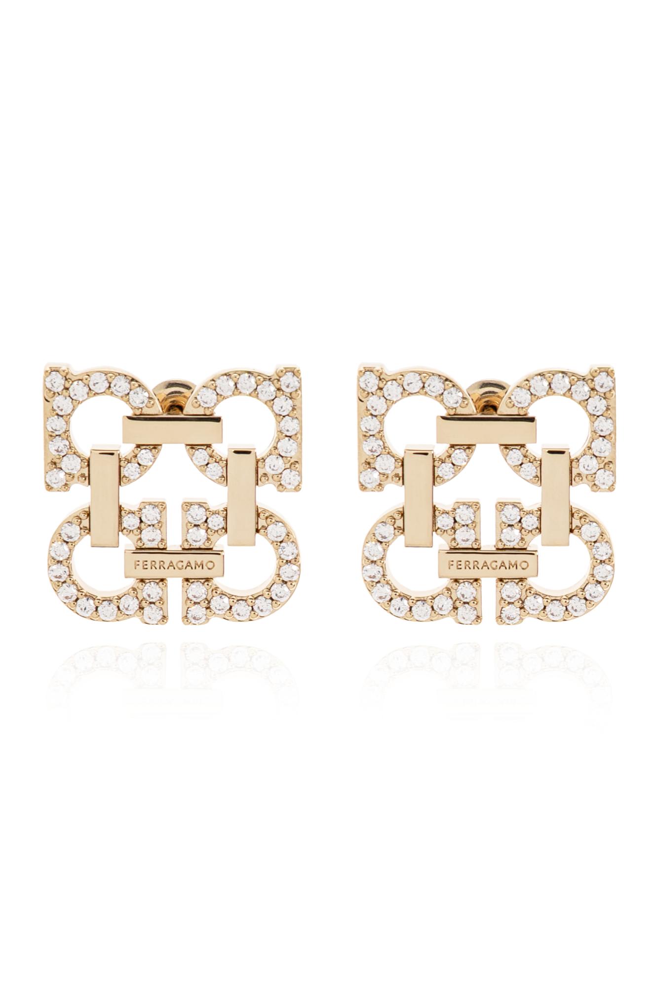Ferragamo Crystal Embellished Four Gancini Clip On Earrings In Gold