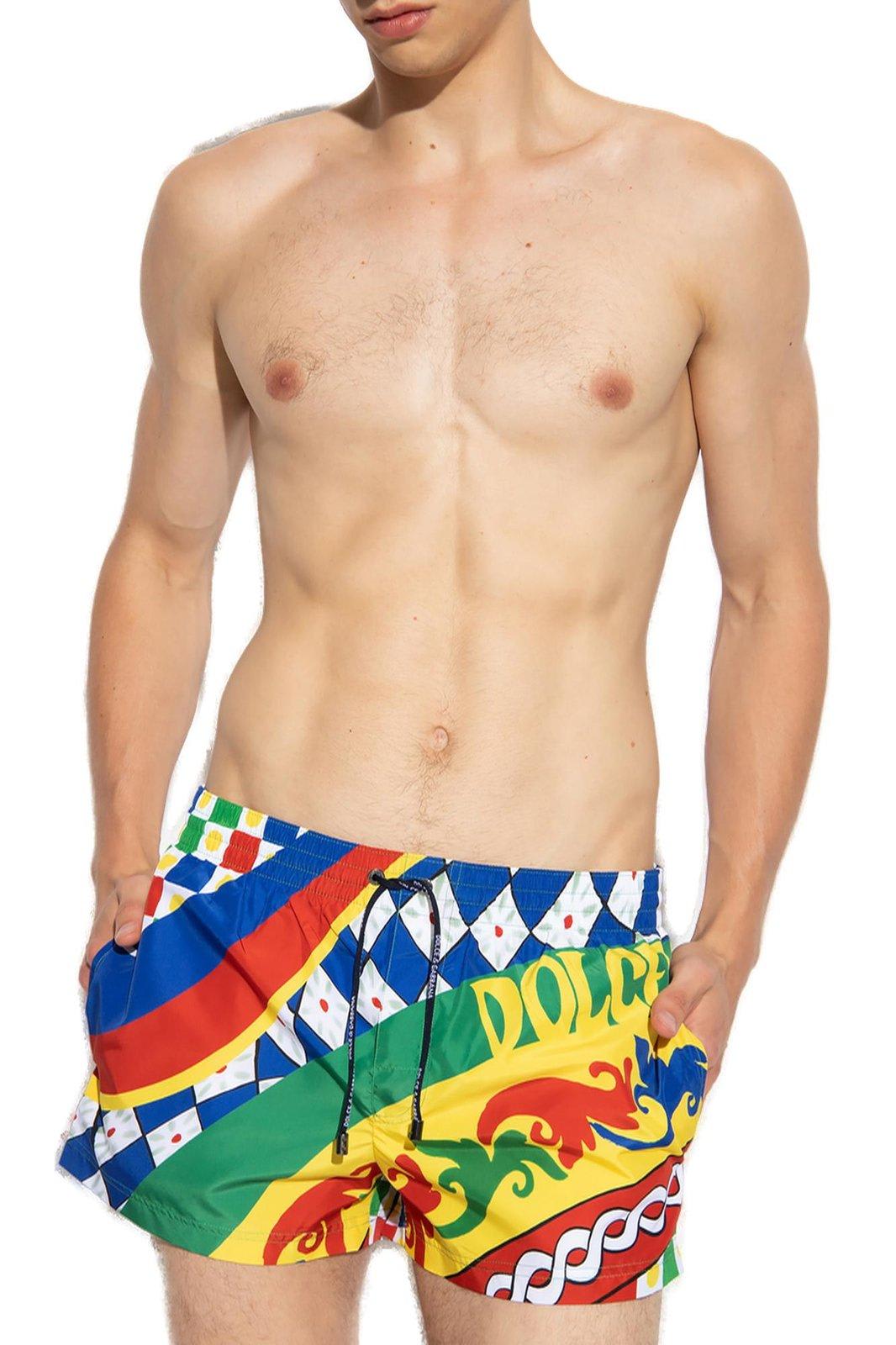 Shop Dolce & Gabbana Abstract-print Drawstring Swim Shorts In Carretto