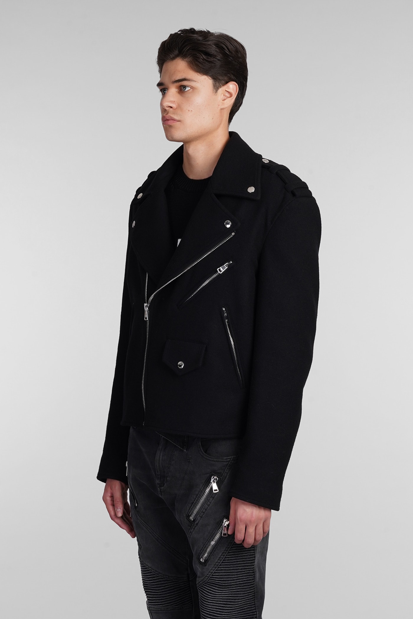 Shop Balmain Biker Jacket In Black Wool