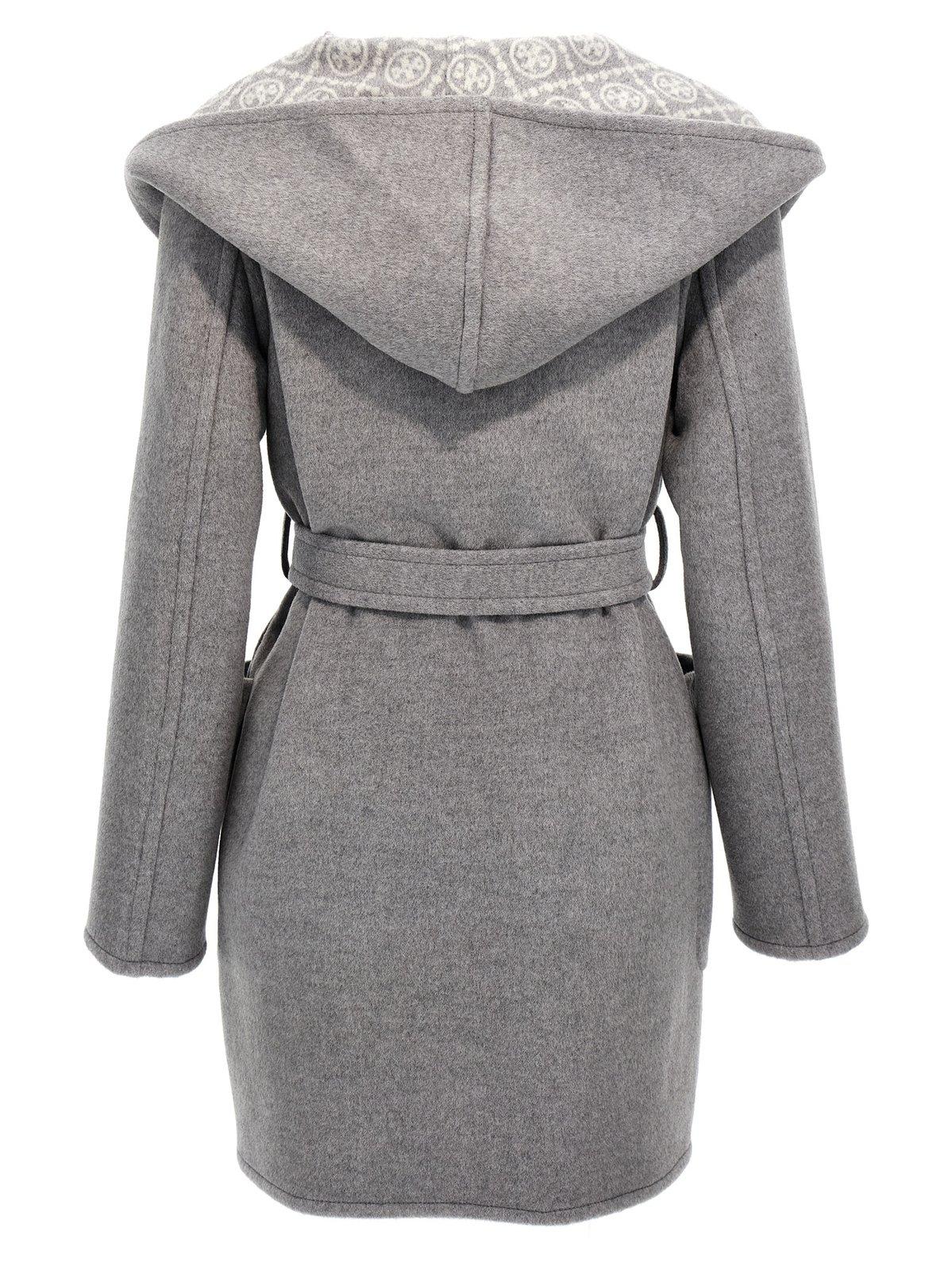 Shop Tory Burch Hooded Tied-waist Coat In Gray