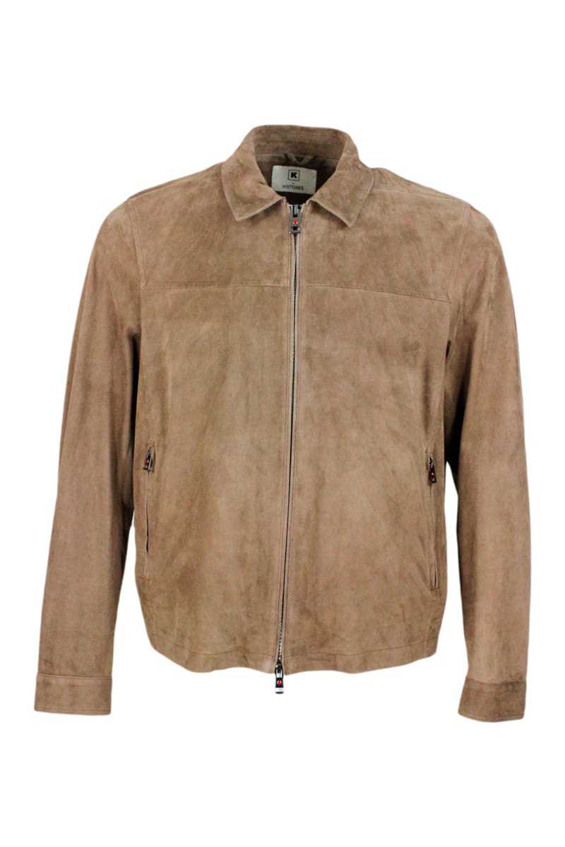 Kired Lightweight Unlined Jacket In Very Soft Suede With Shirt Collar And Zip Closure