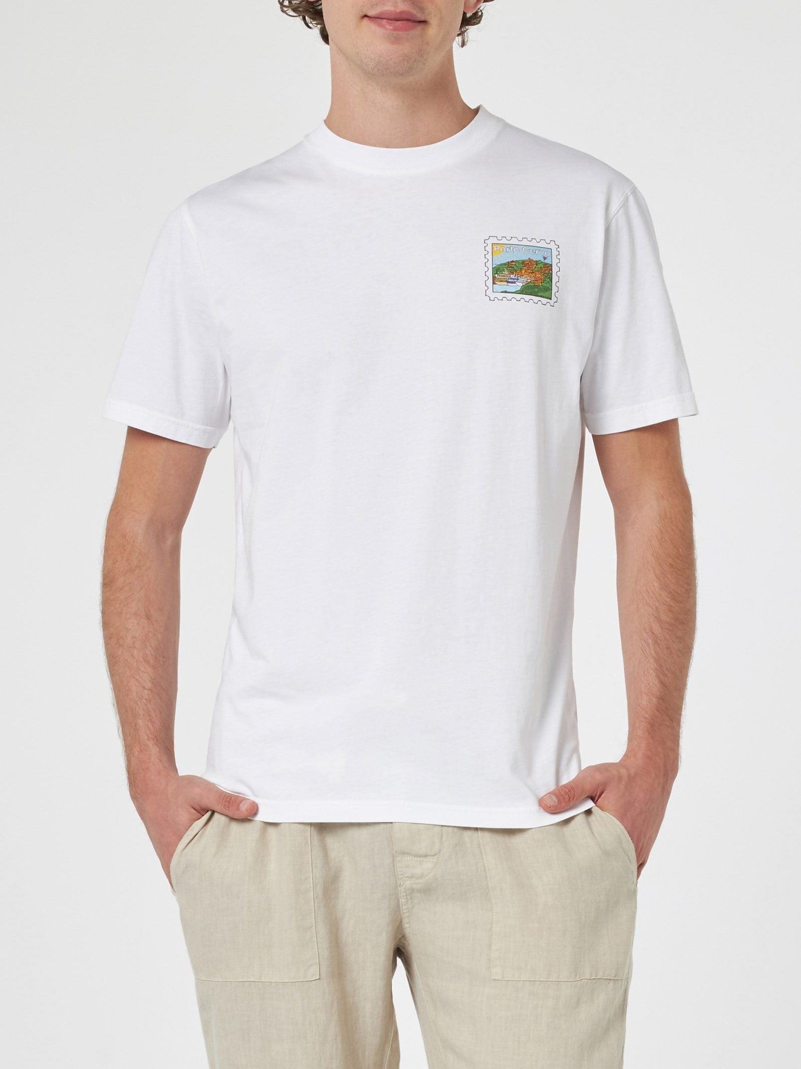 MC2 SAINT BARTH MAN COTTON T-SHIRT WITH PORTO CERVO POSTCARD FRONT AND BACK PRINT ALESSANDRO ENRIQUEZ SPECIAL EDITIO