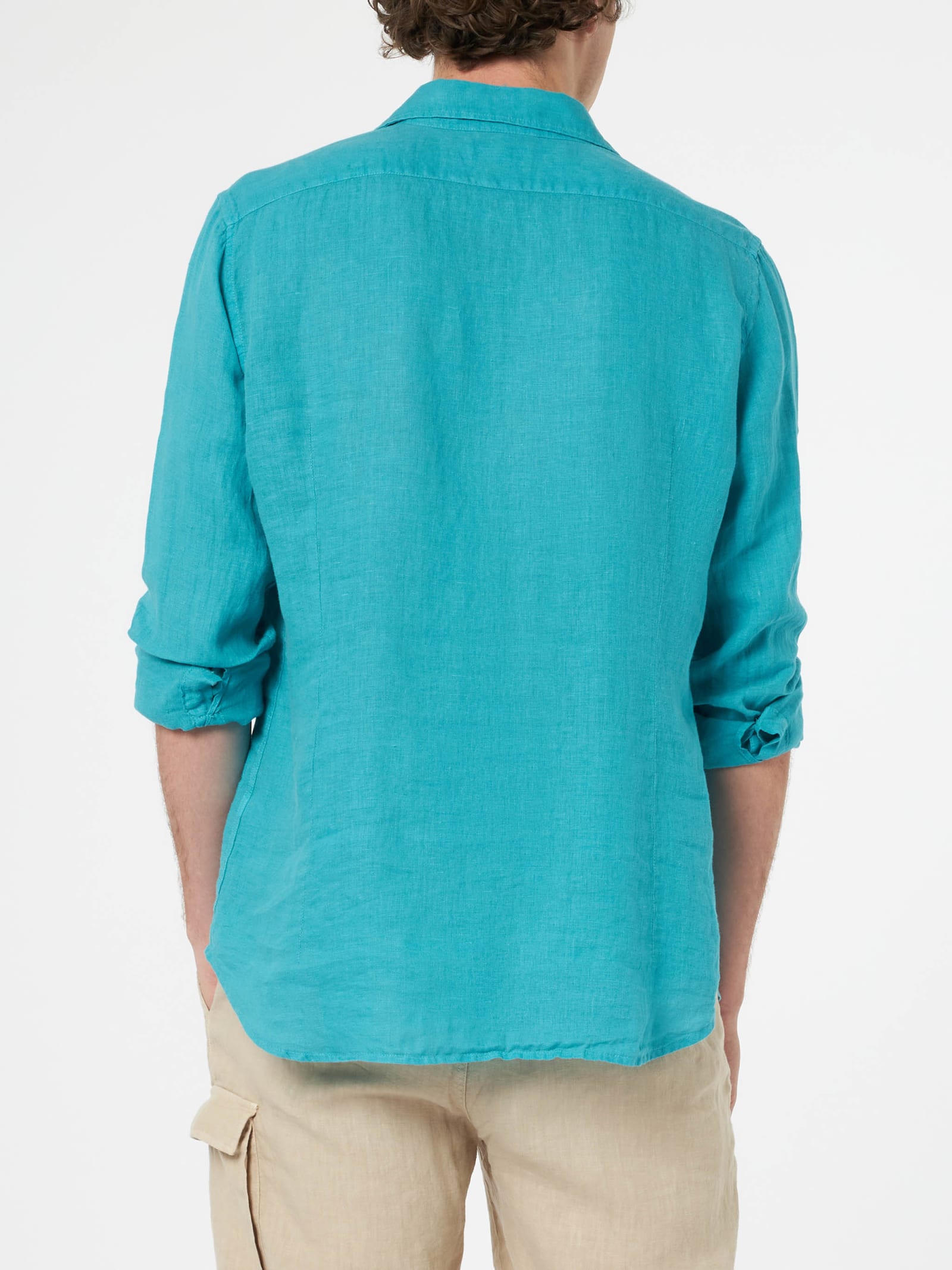 Mc2 Saint Barth Man Teal Linen Shirt Pamplona In Green