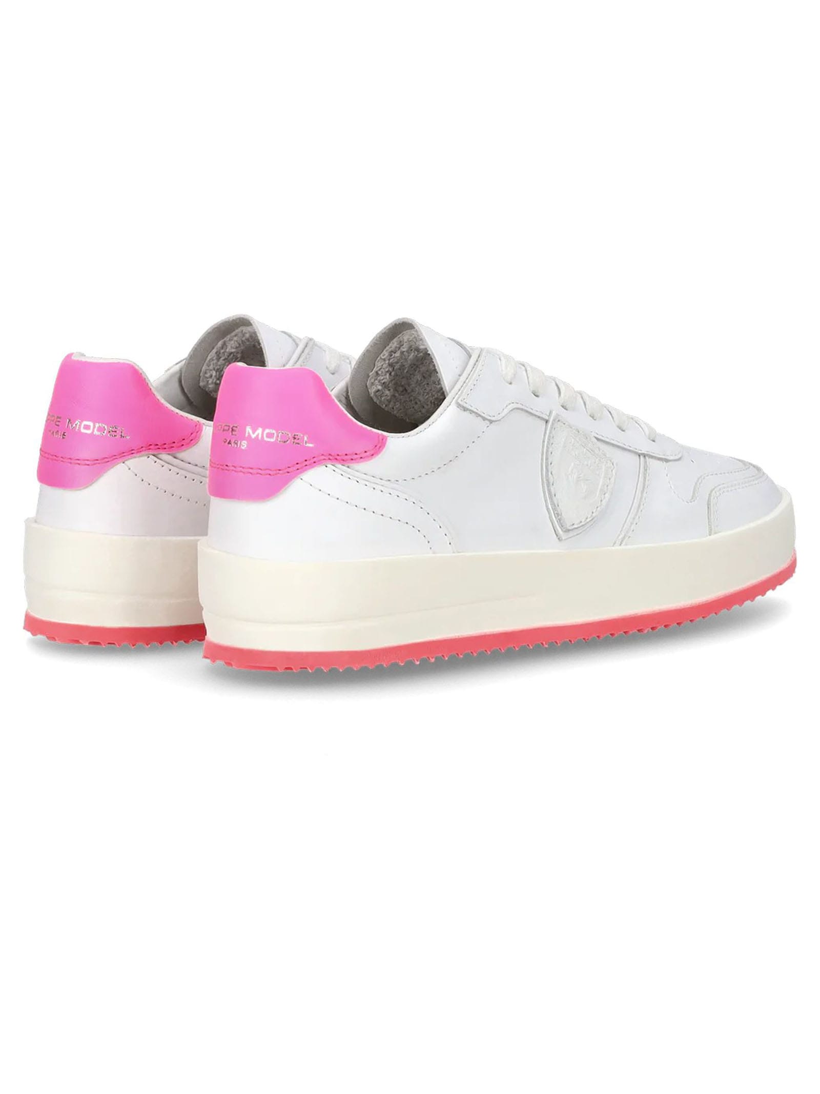 Shop Philippe Model White And Pink Calfskin Sneakers In Bianco+fuxia