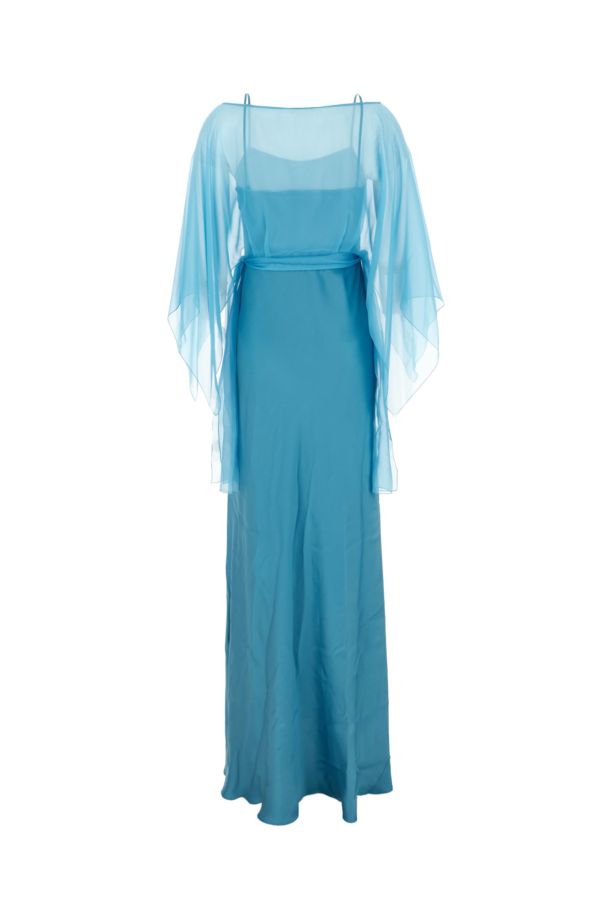 Alberta Ferretti Blue Long Dress With Layered Design And Upper Cape In Silk Blend Woman