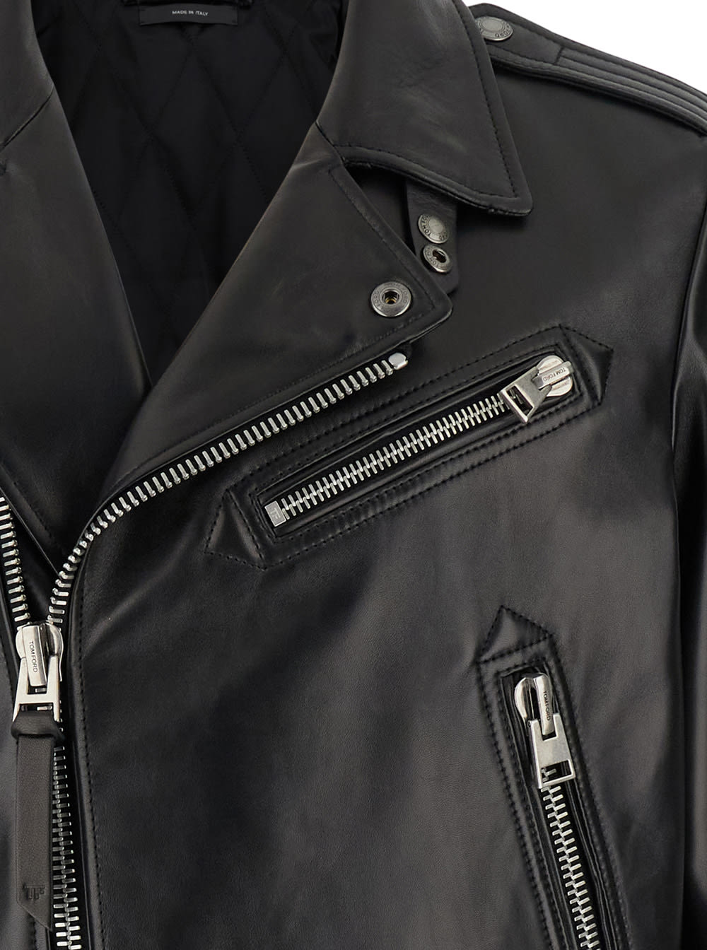 Shop Tom Ford Black Asymmetric Biker Jacket In Leather Man