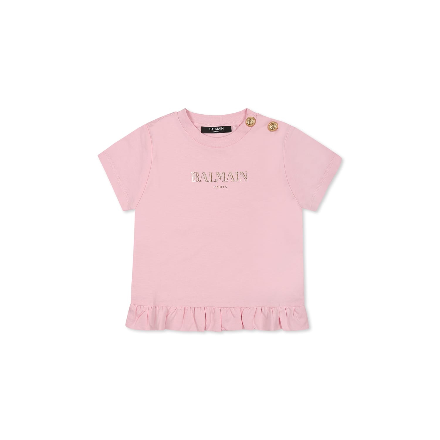 Shop Balmain Pink T-shirt For Baby Girl With Gold Logo