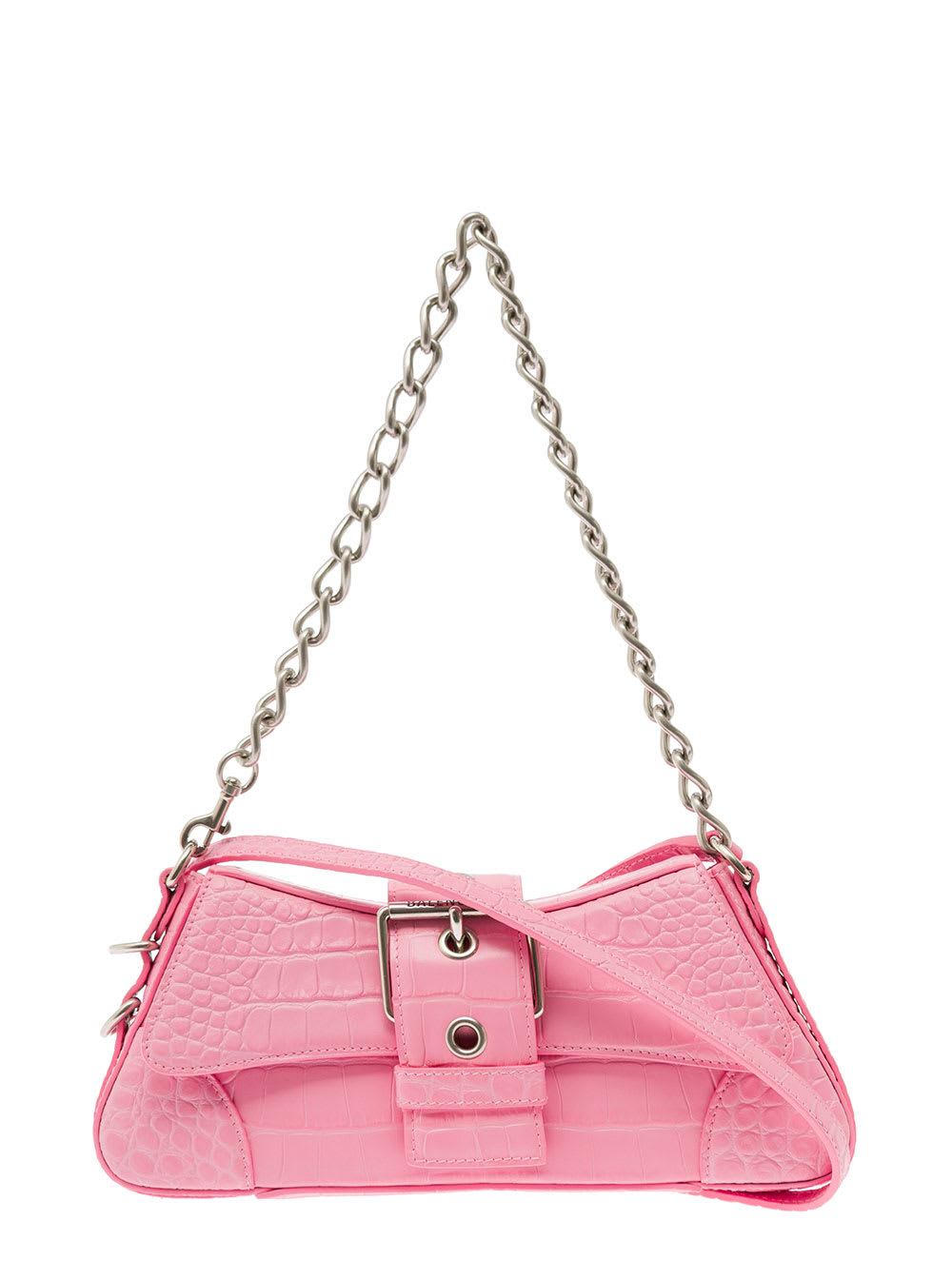 Balenciaga Lindsay Pink Small Shoulder Bag With Strap In Matte Crocodile Embossed Leather Wth Aged-silver Hardware Woman