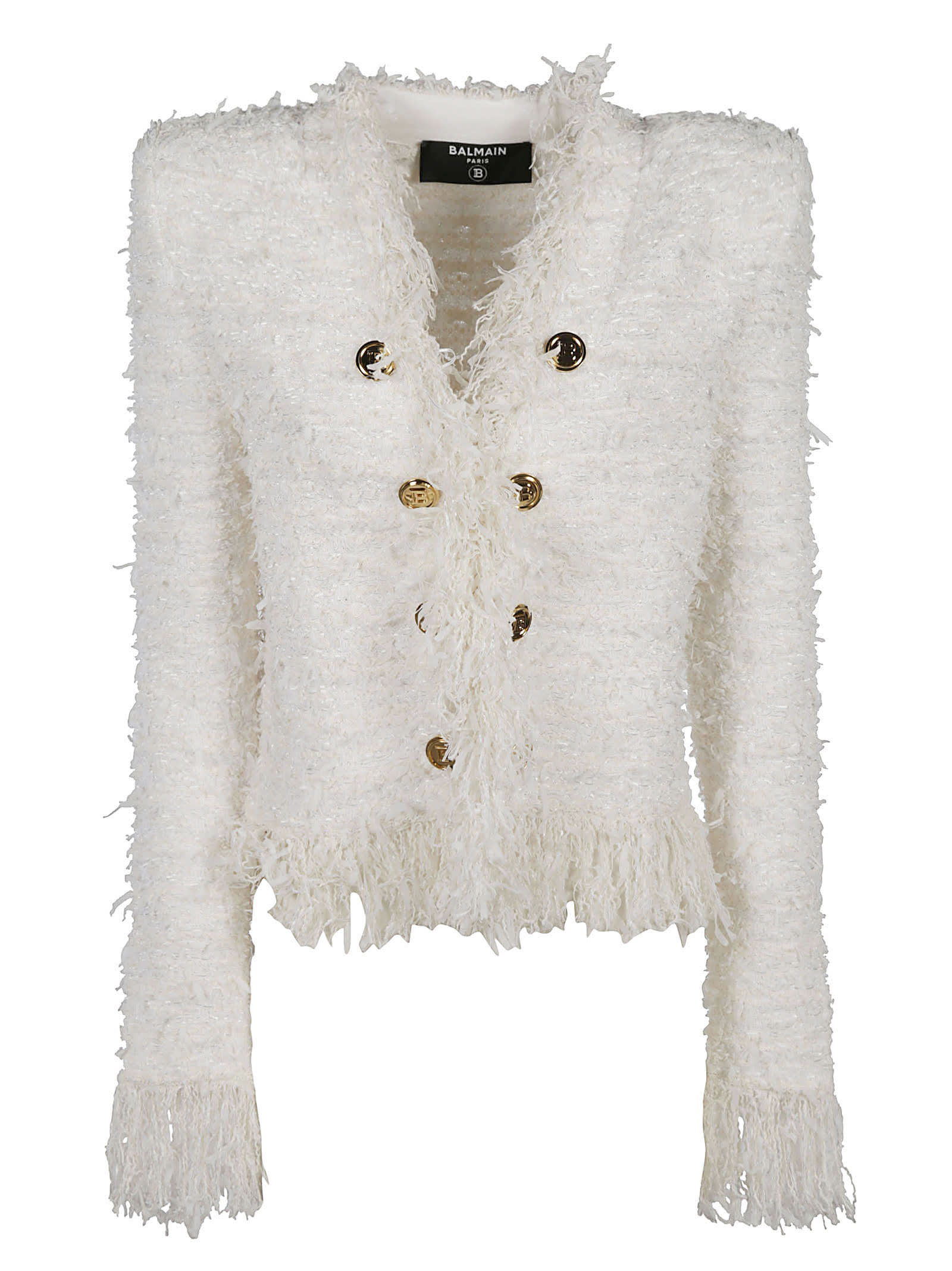 Balmain Fringe Trimmed Button Embellished Cardigan In Bianco