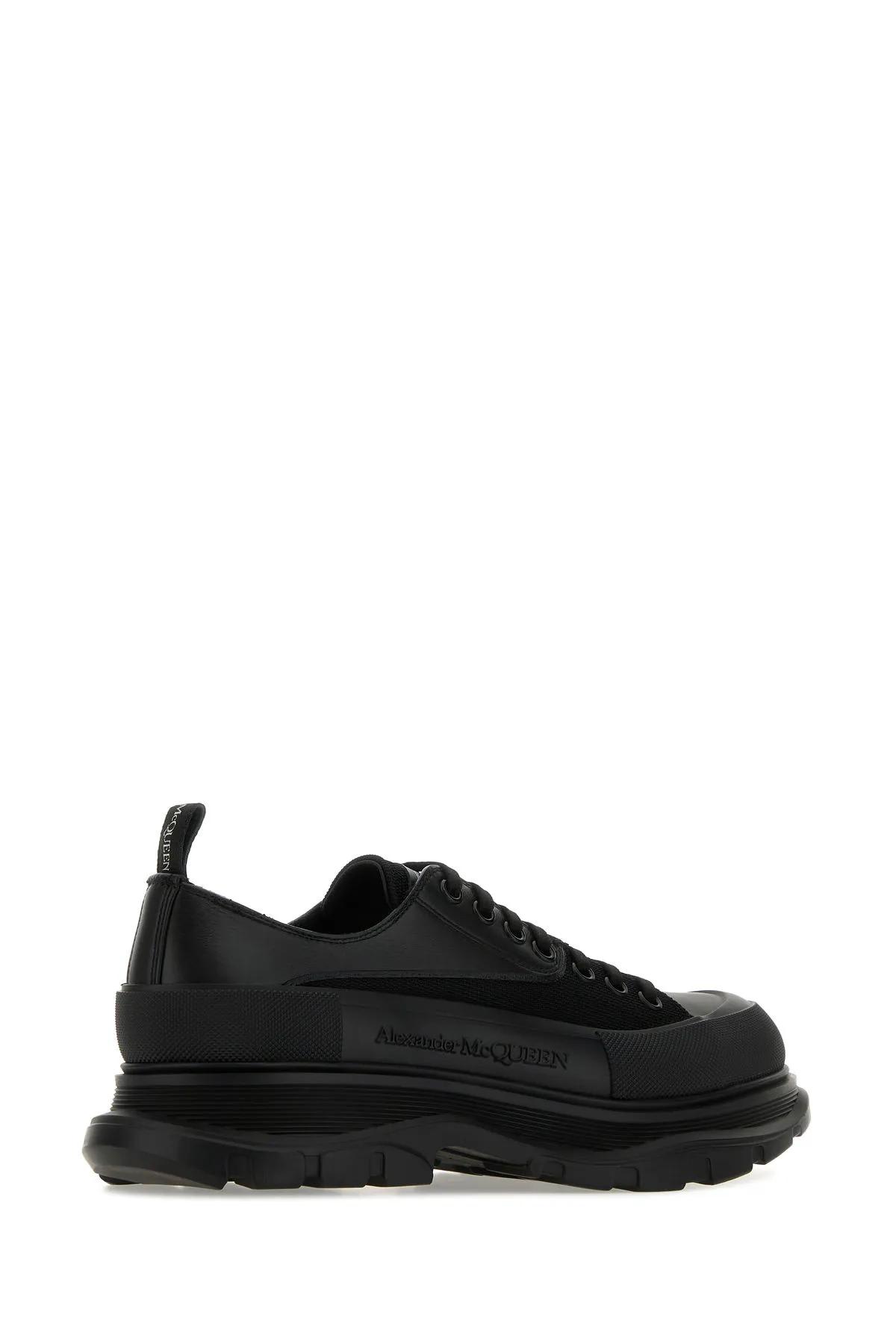 Shop Alexander Mcqueen Black Leather And Fabric Tread Slick Sneakers In Nero