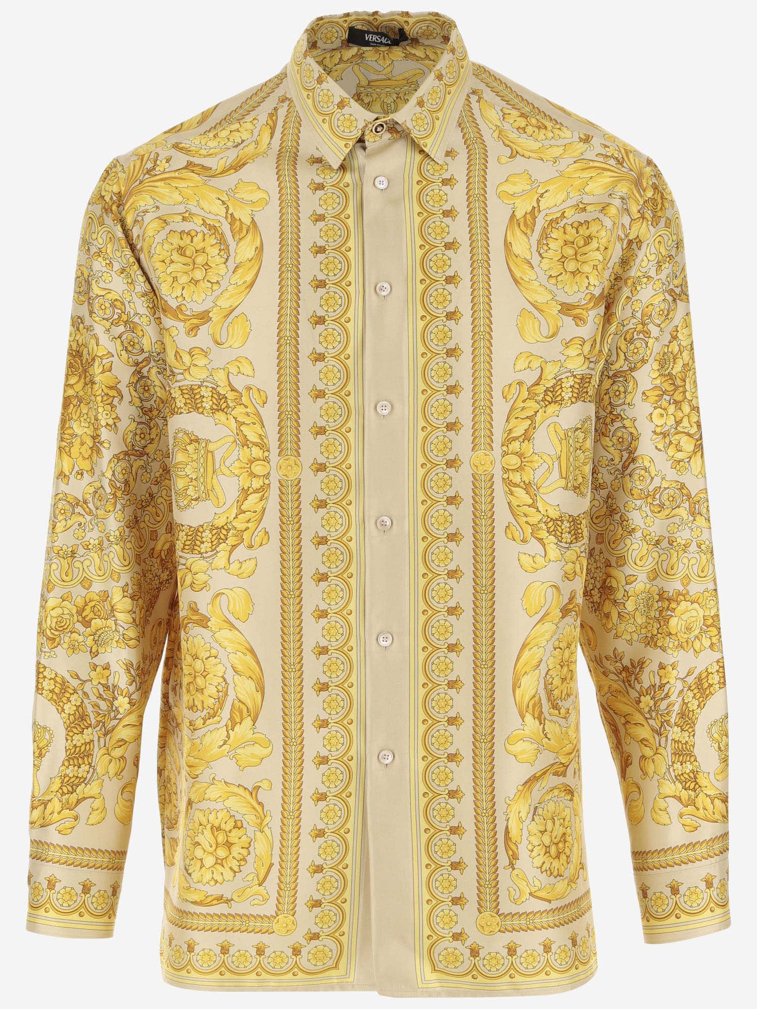 Shop Versace Printed Silk Shirt In Neutrals/yellow