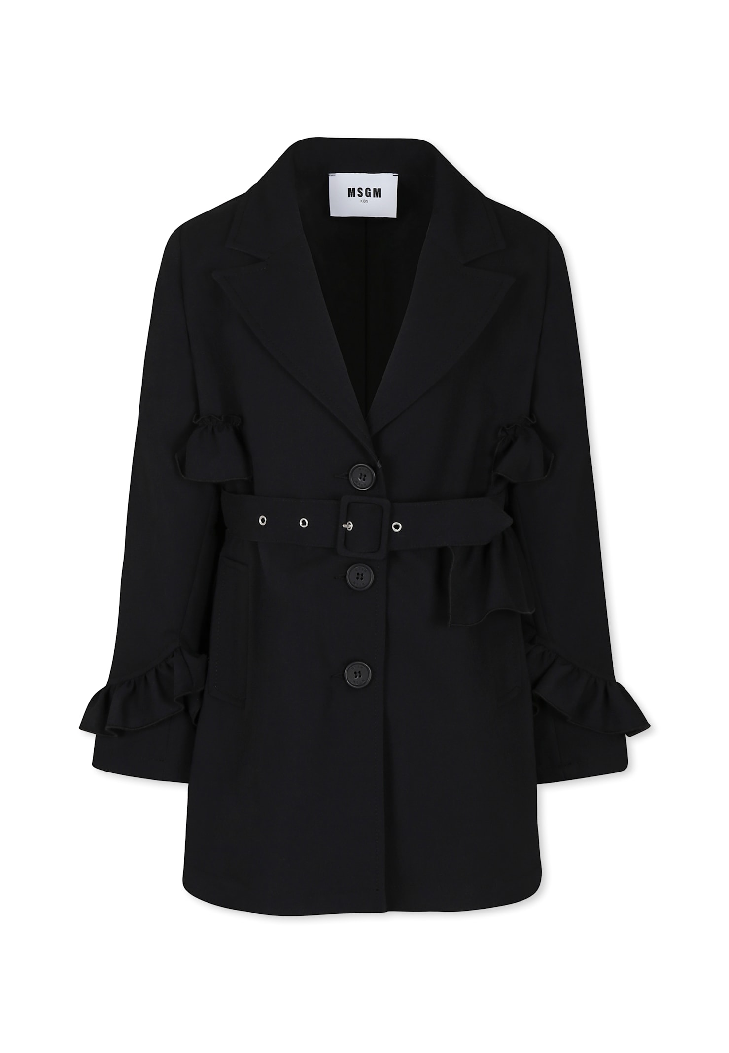 Msgm Black Coat For Girl With Logo In Black