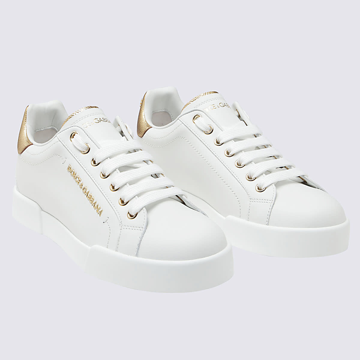 Shop Dolce & Gabbana White And Gold-tone Leather Portofino Sneakers