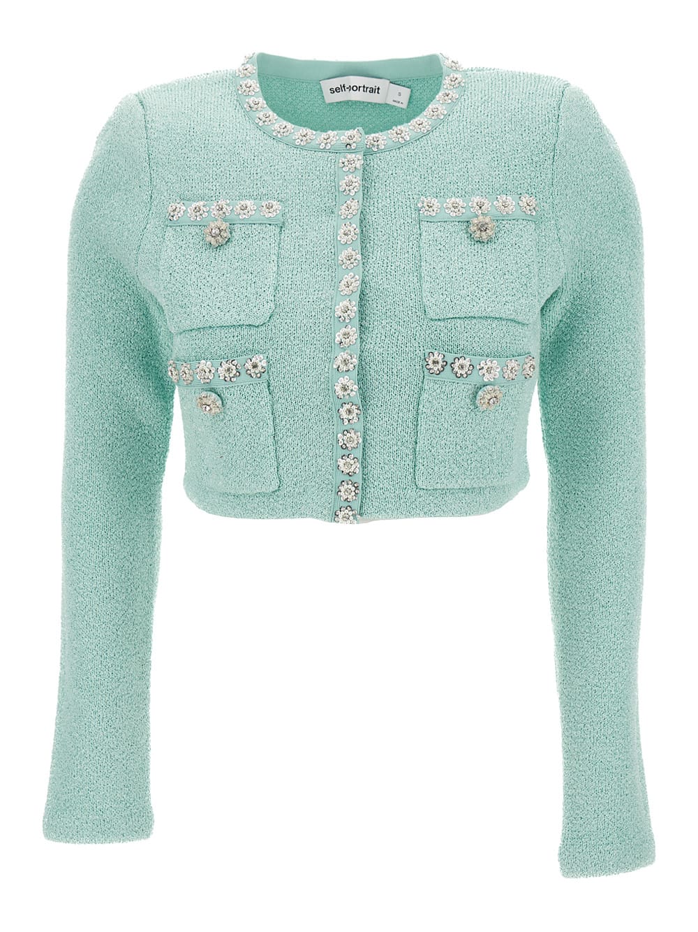 SELF-PORTRAIT LIGHT BLUE CROP JACKET WITH JEWEL BUTTONS IN KNIT WOMAN