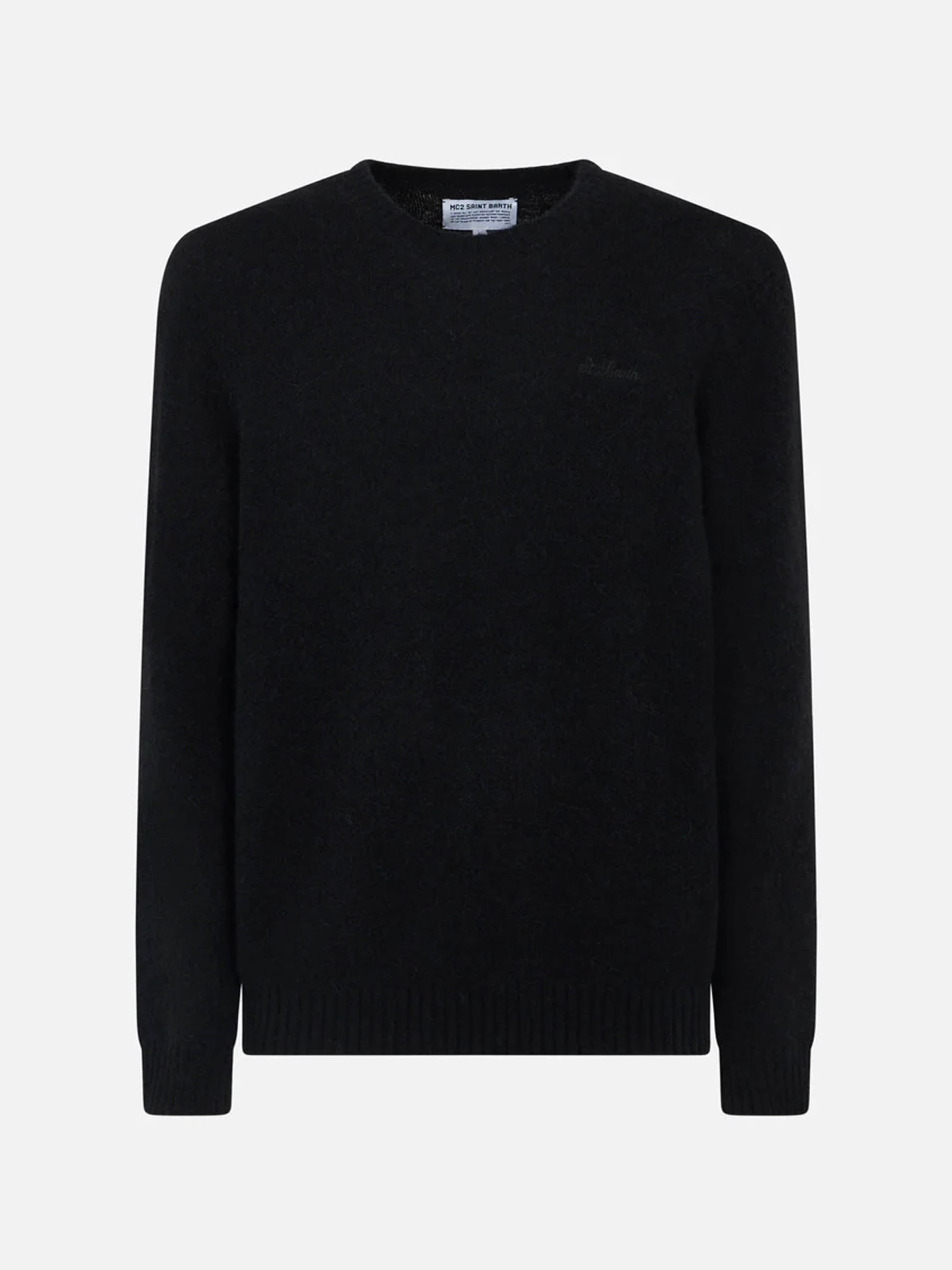 Shop Mc2 Saint Barth Man Black Stretch Wool Sweater With St. Barth Embroidery