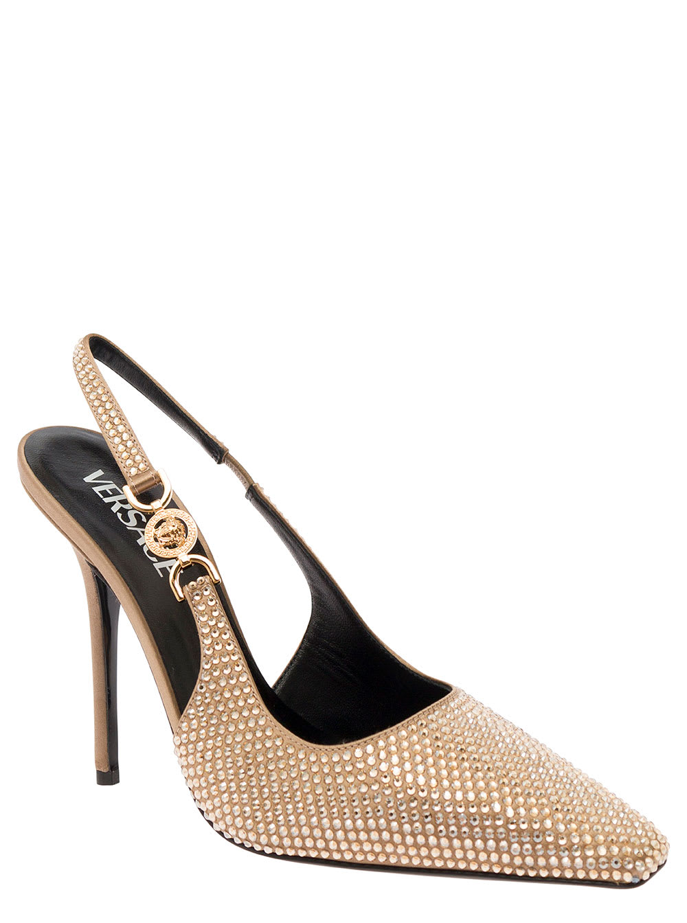 Shop Versace Medusa 95 Gold-colored Slingback Pumps With All-over Crystals In Satin Woman In Metallic