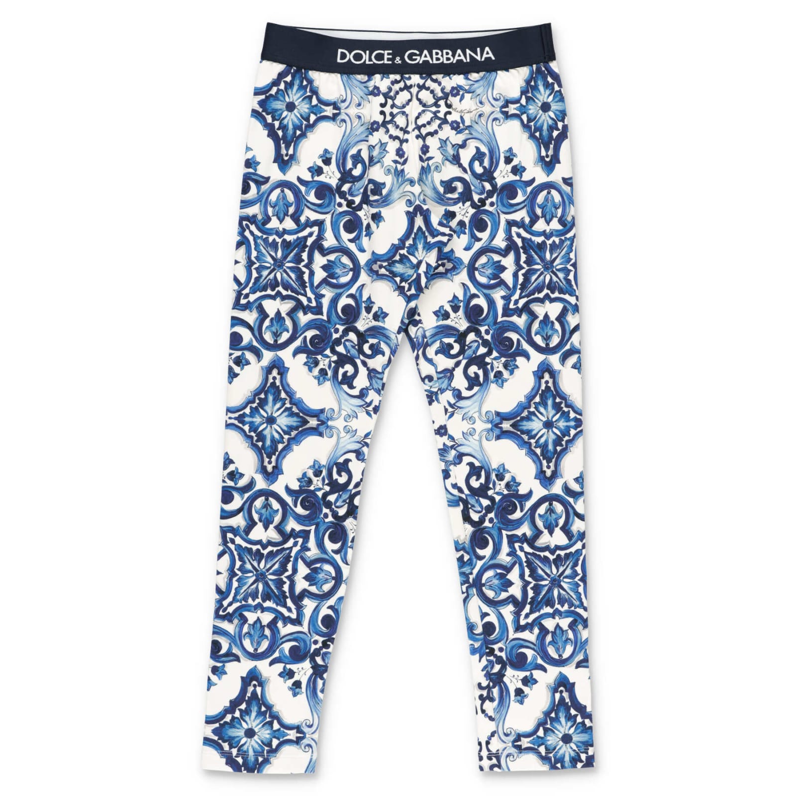 Dolce & Gabbana Leggings Bianco Con Stampa Barocca Blu In Cotone Stretch