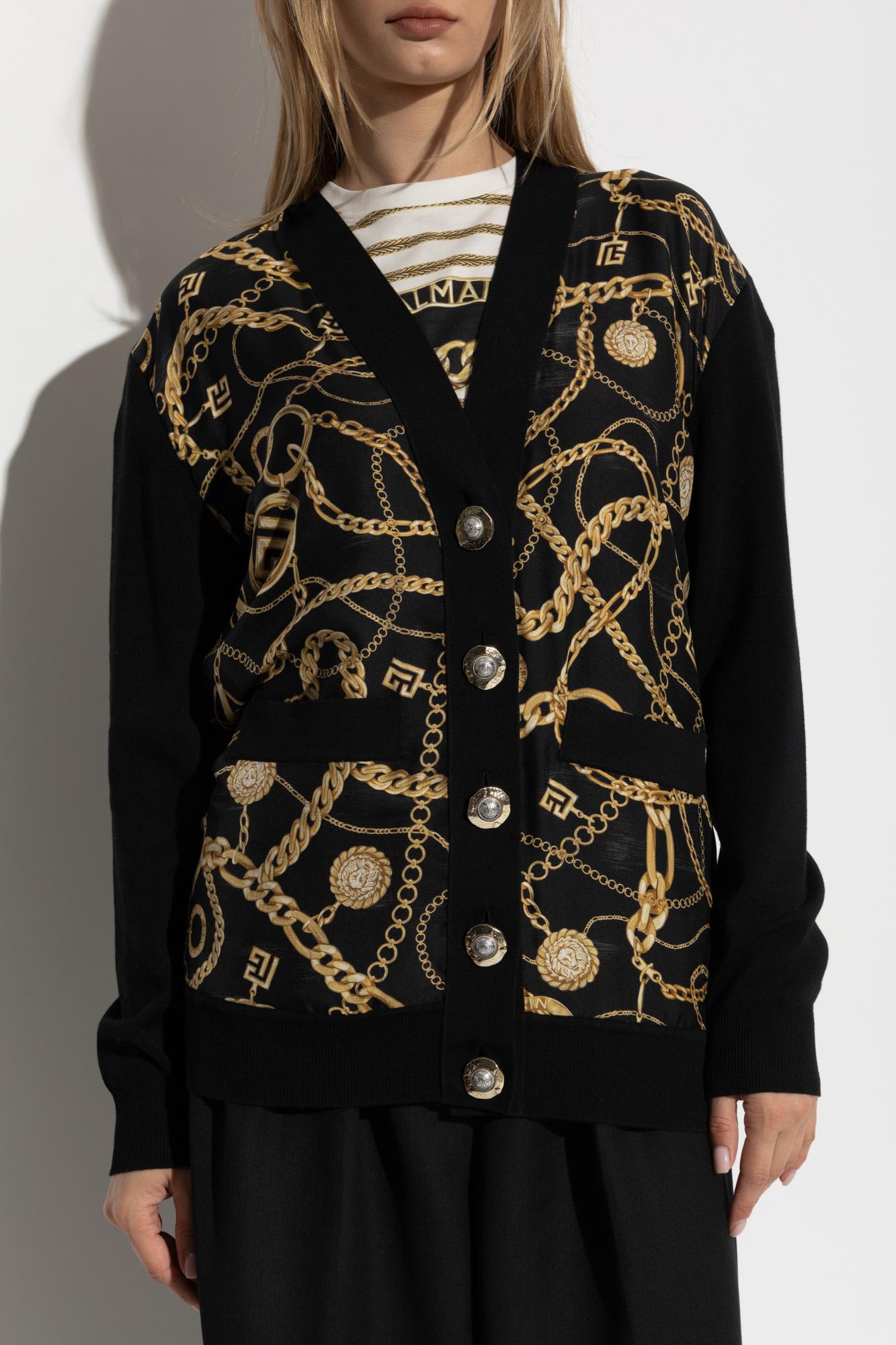 Balmain Chain Print Silk And Wool Cardigan In Black
