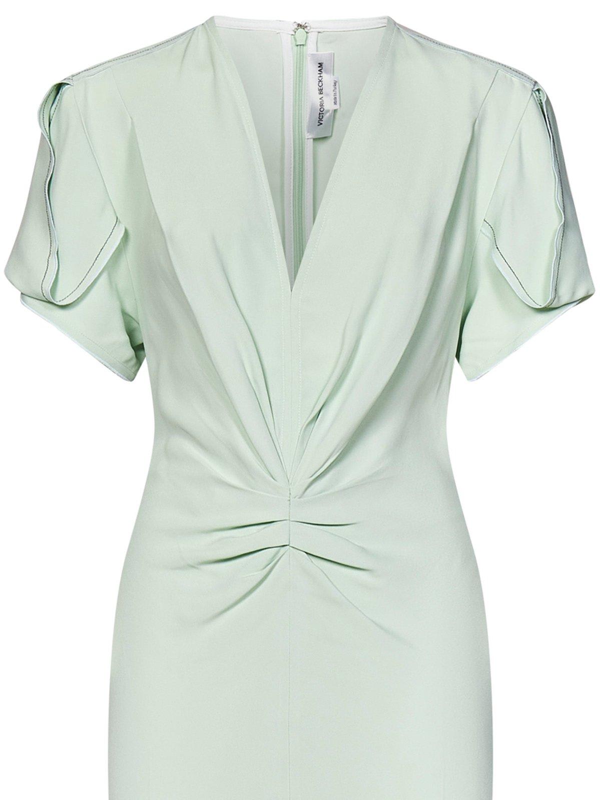 Shop Victoria Beckham V-neck Ruched-detailed Midi Dress In Green