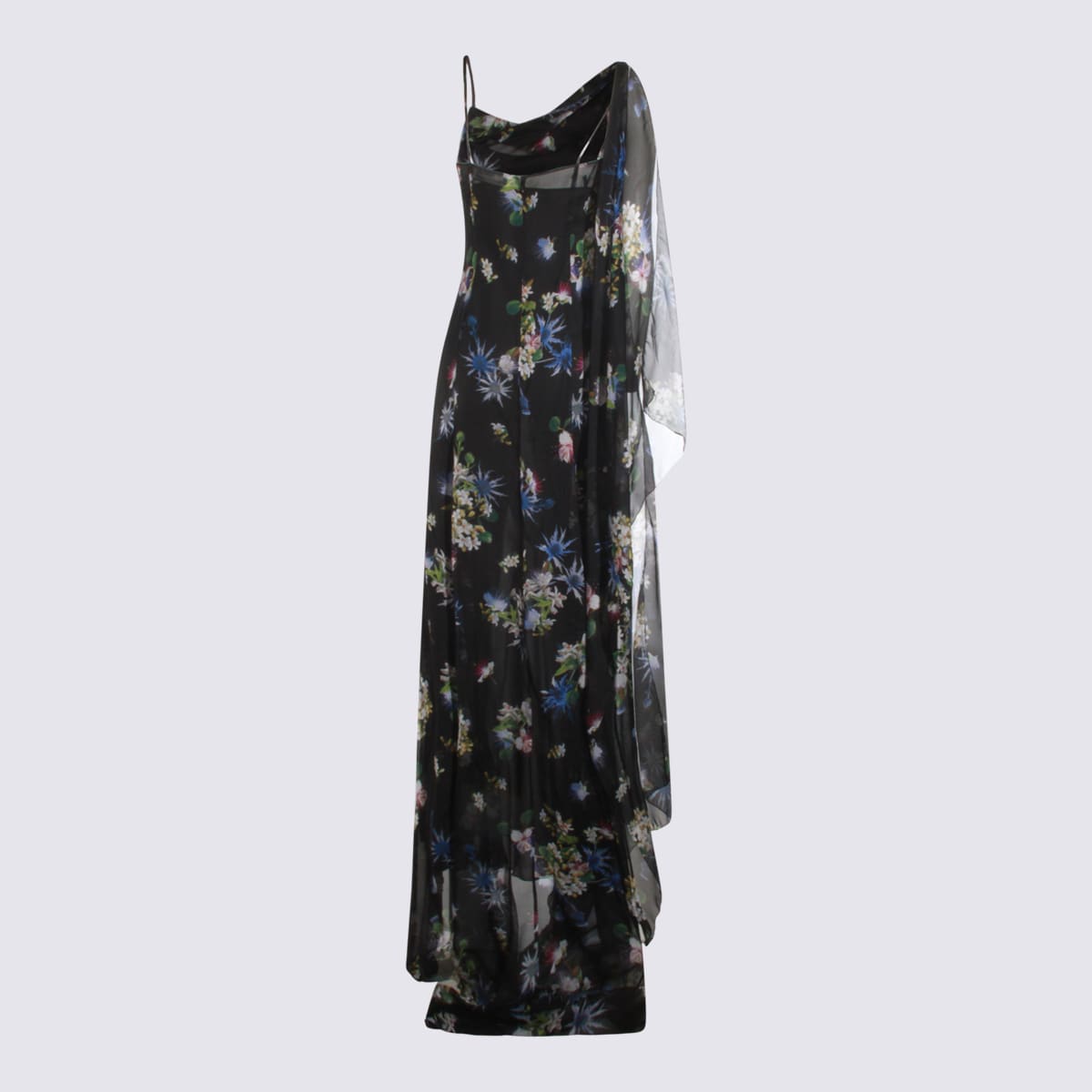 Blumarine Floral Asymmetric Sheer Spaghetti Strap Dress In Multi