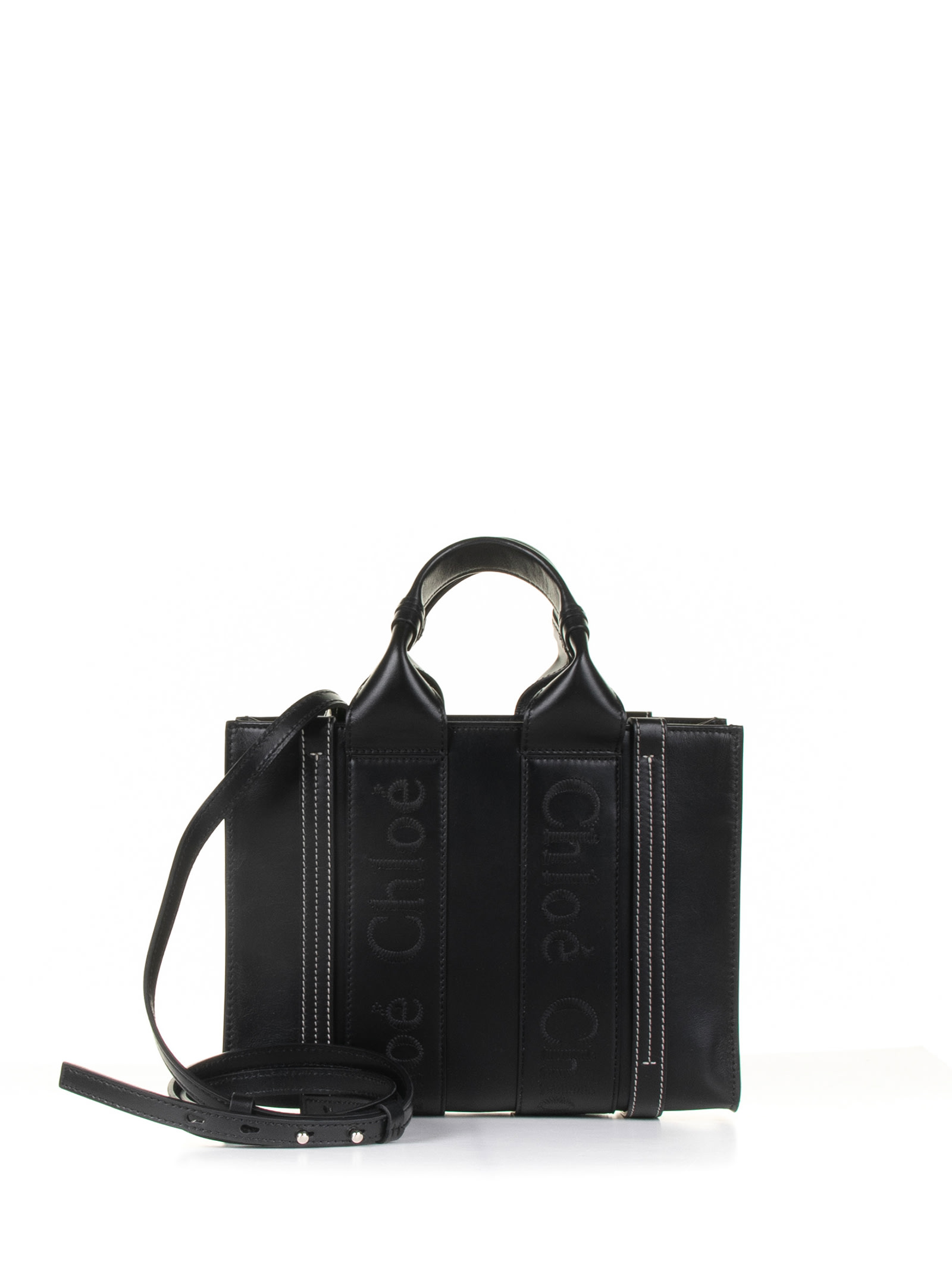 Shop Chloé Small Woody Leather Shopping Bag In Black