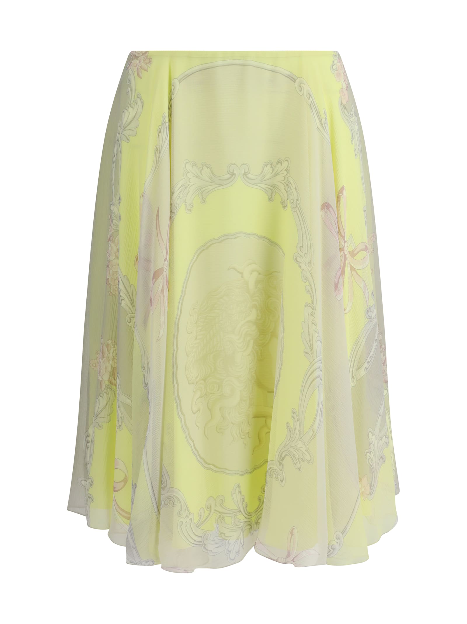 Versace Cameo Silk Flowy Skirt In Pale Yellow / Light Grey