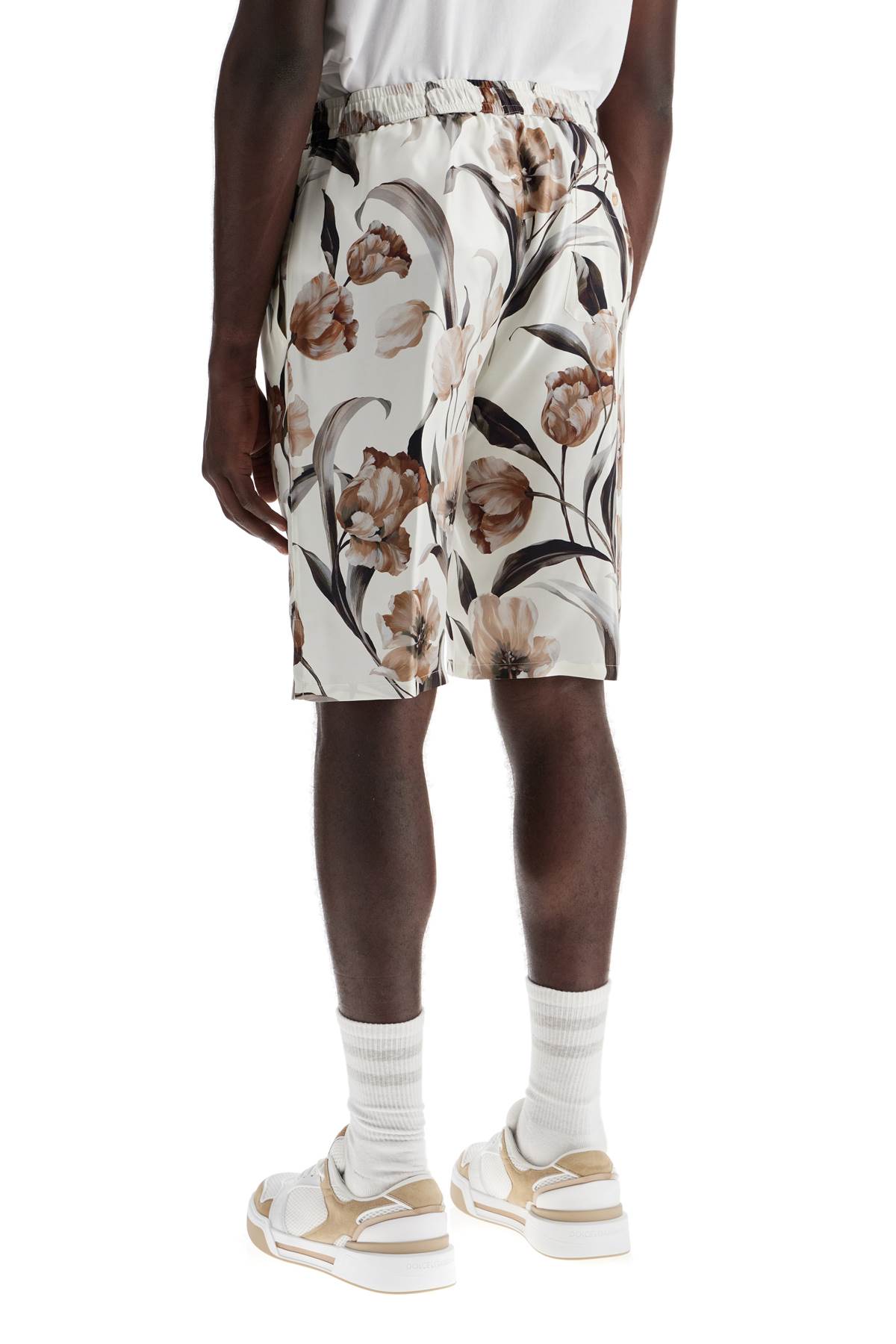 Shop Dolce & Gabbana Silk Bermuda Shorts With Floral Print Set In Tulipani Fdo Latte (white)