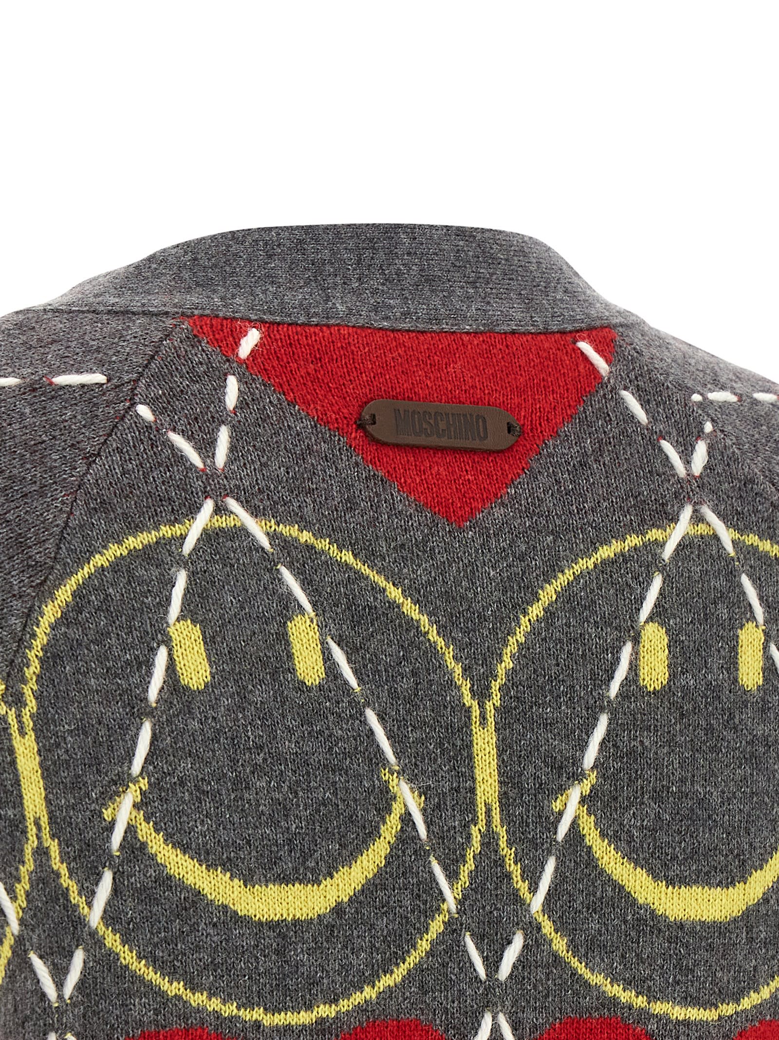 Moschino Jacquard Smile Wool Blend Cardigan In Gray