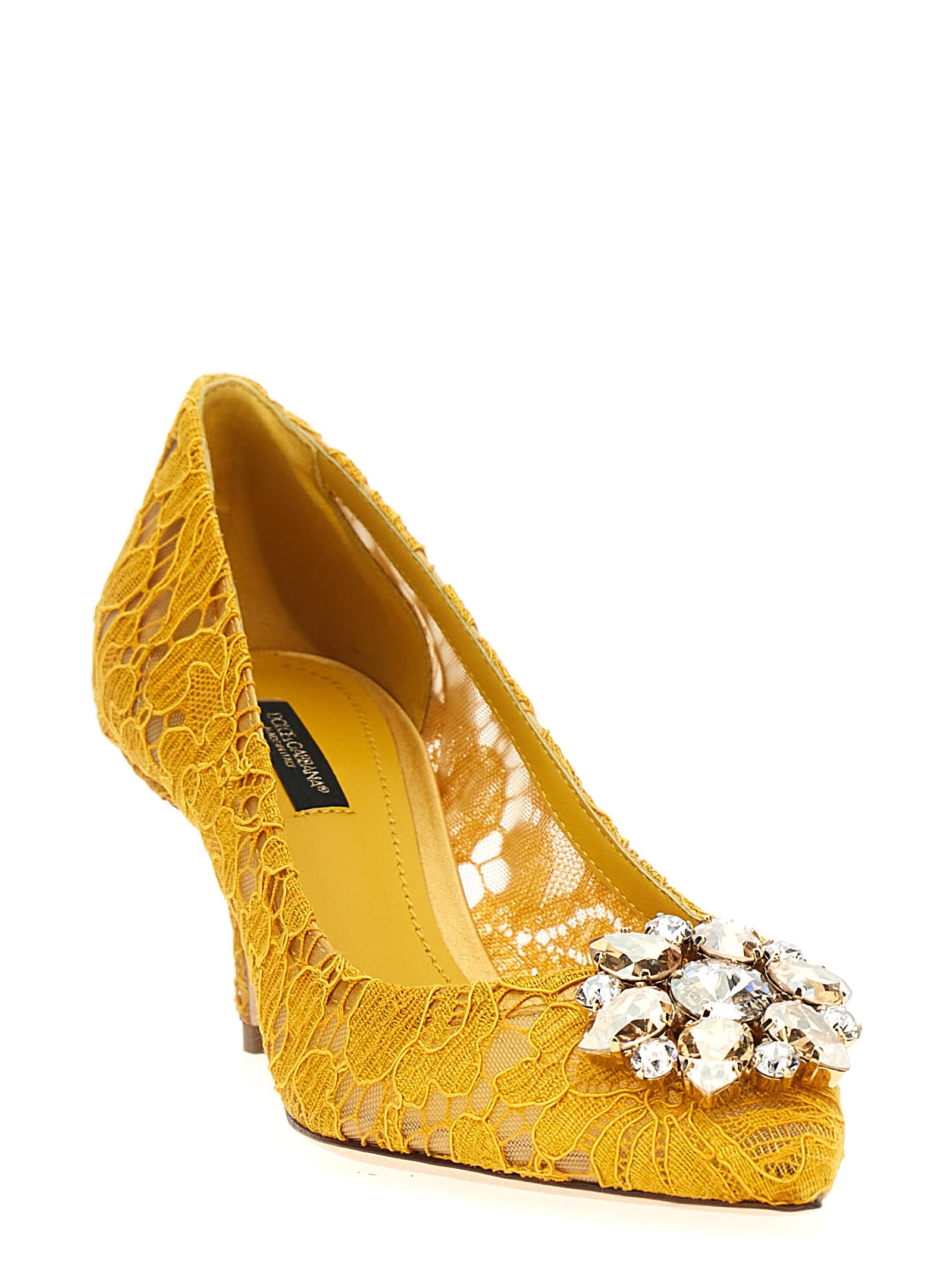 Dolce & Gabbana Bellucci Crystal-embellished Corded Lace Pumps In Senape