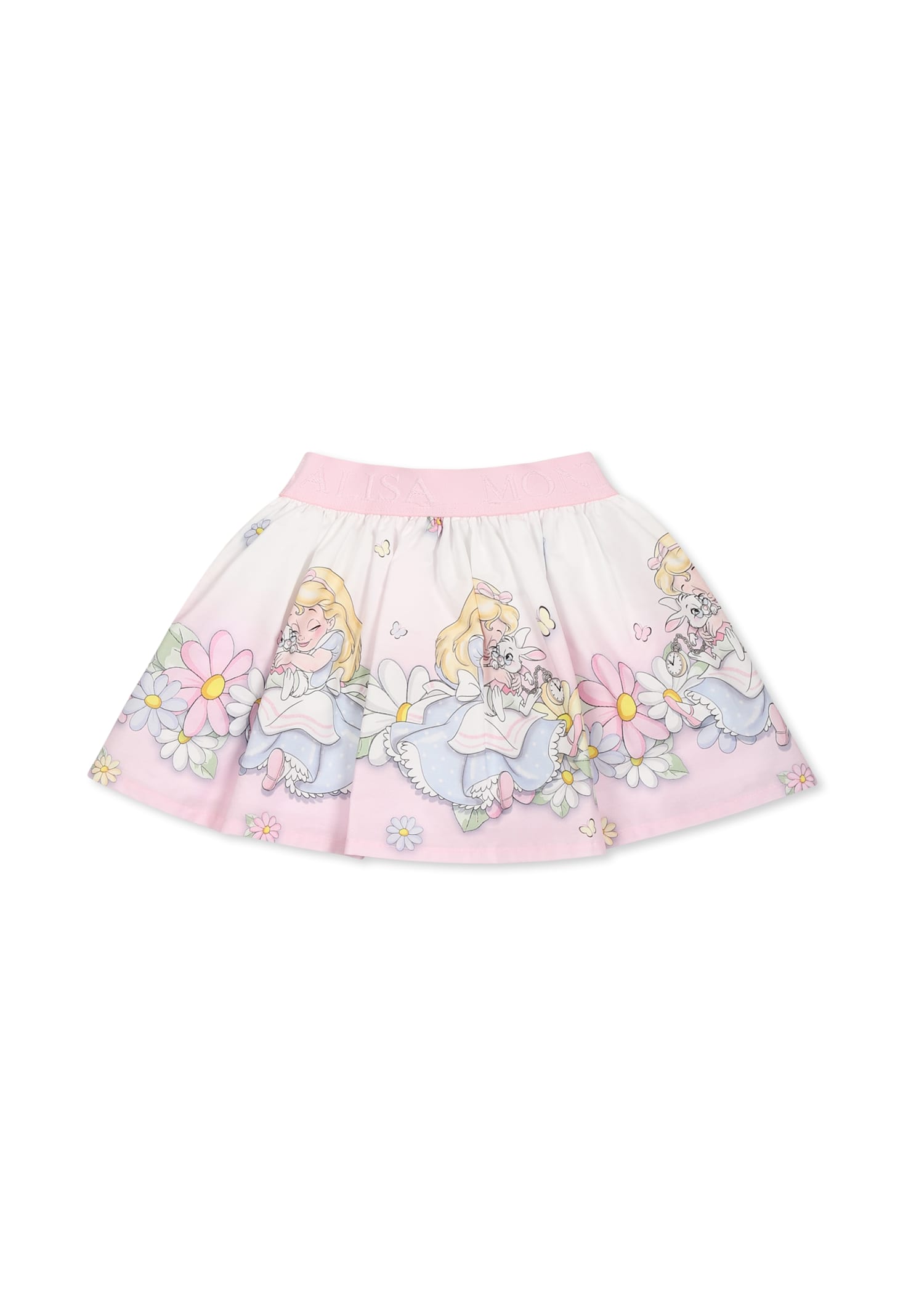Monnalisa Pink Skirt For Baby Girl With Alice In Wonderland Print In Pink