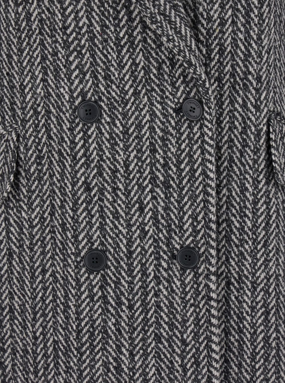 Shop Twinset Grey Double-breasted Coat With With Fishbone Motif In Wool Blend Woman In Multicolor