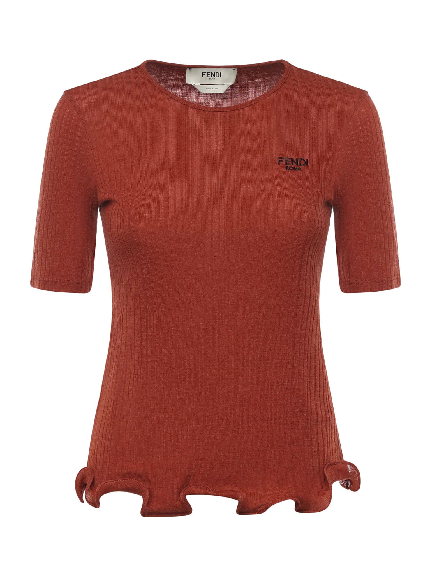 Fendi Short-sleeved Wool Sweater With Logo In Brown