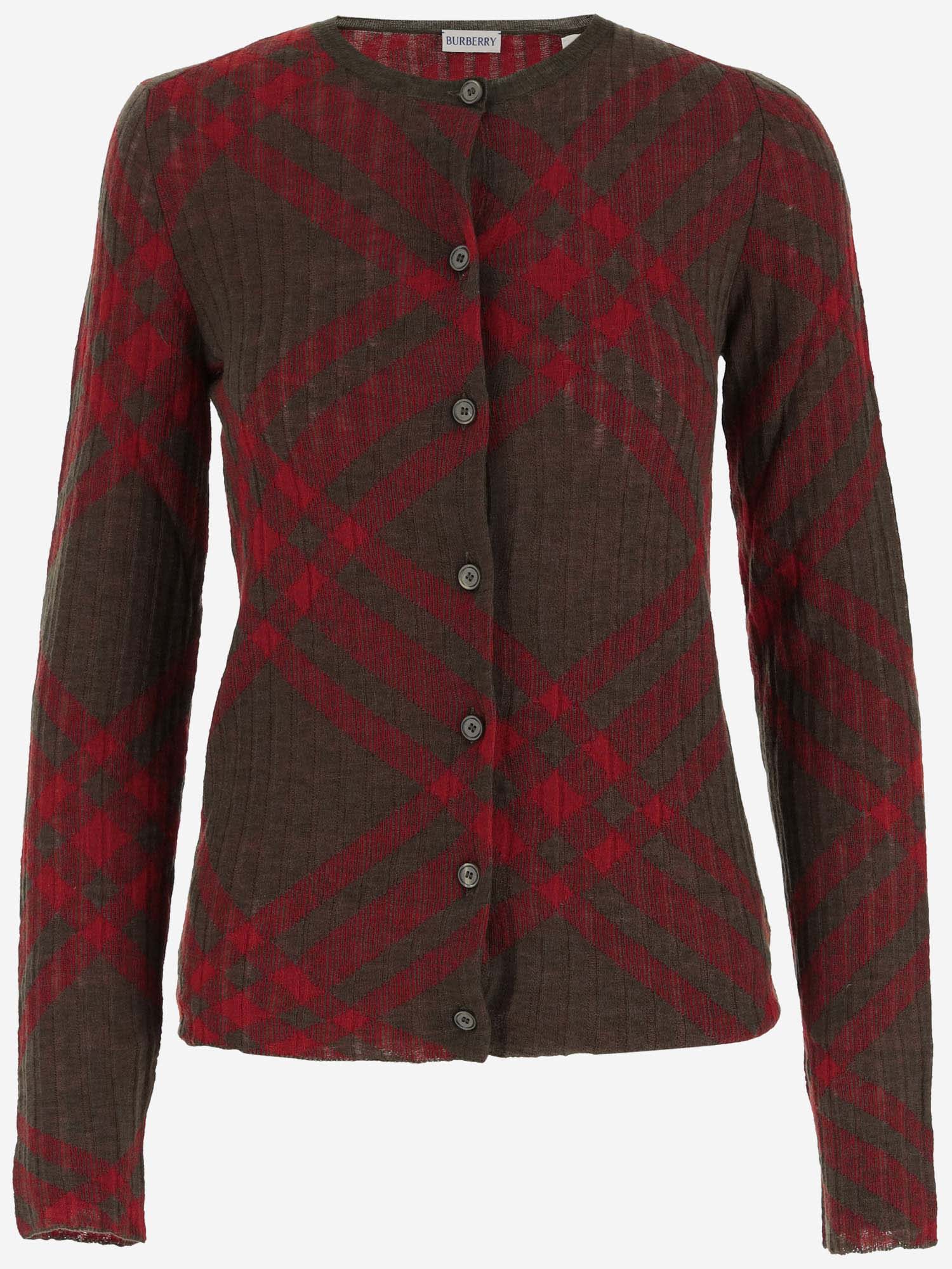 Shop Burberry Wool Blend Cardigan With Check Pattern In Red