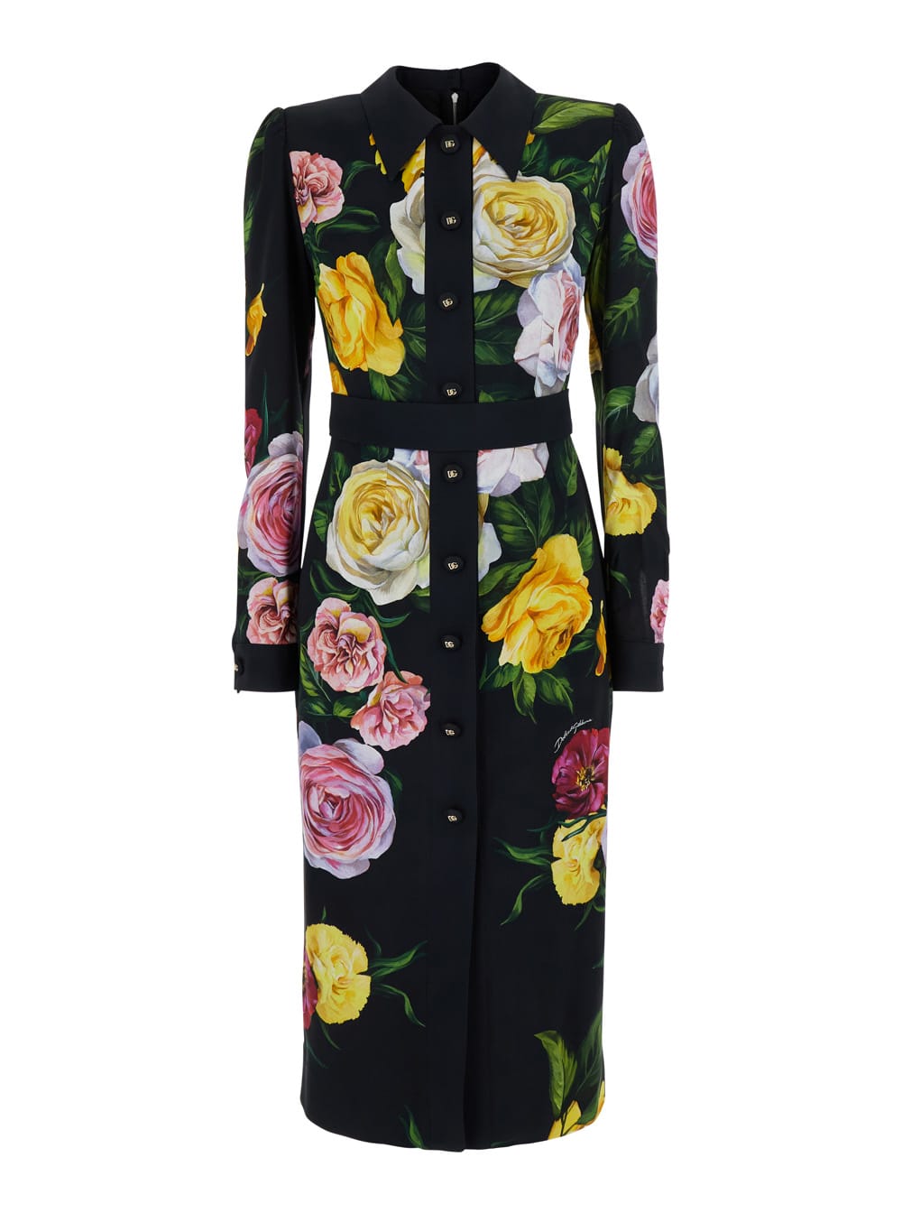 Dolce & Gabbana Multicolor Dress With Classic Collar And All-over Floral Print In Viscose Stretch Woman In Multicolor