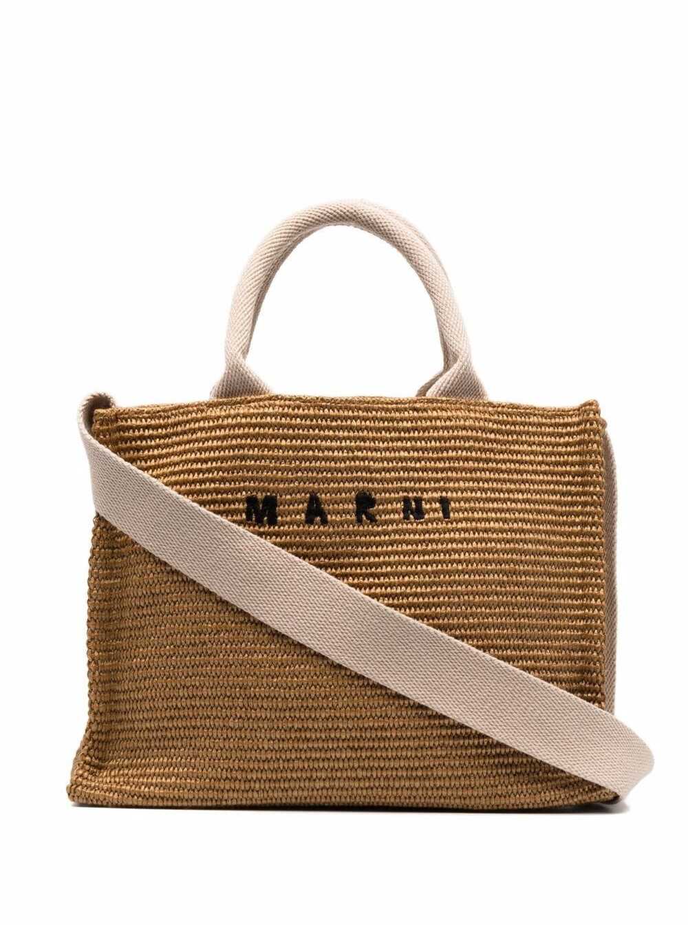 Shop Marni Womans Beige Raffia Shopping Bag With Logo Print